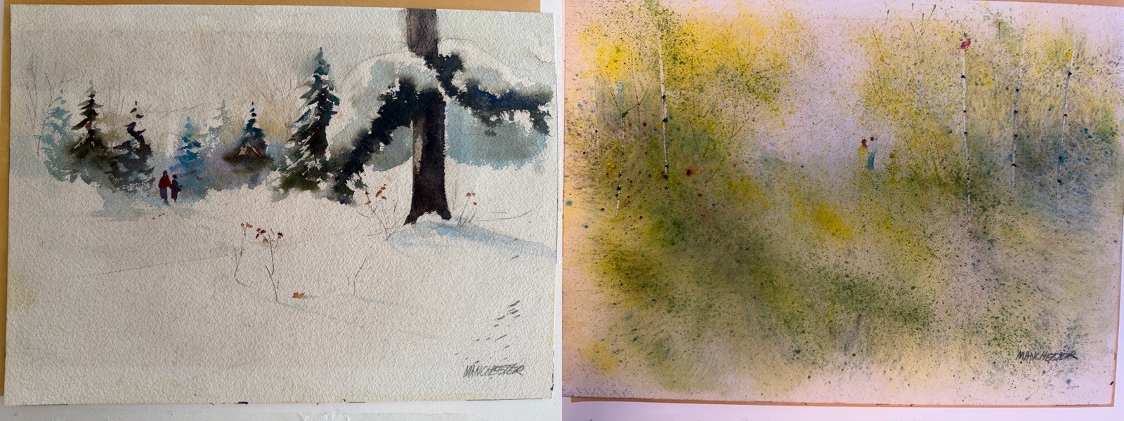 2 In 1 Original Vintage Al Manchester Signed Watercolor Paintings Front & Back