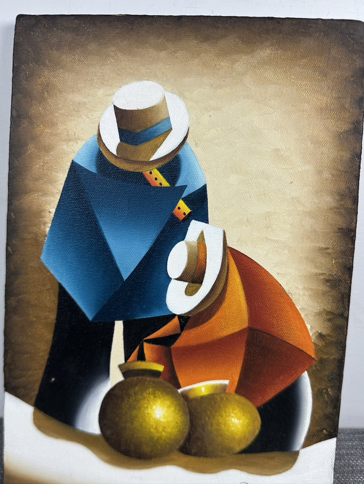 Original Signed BRAVO Q Oil Painting Cubist Andean Figures Latin American 8×10