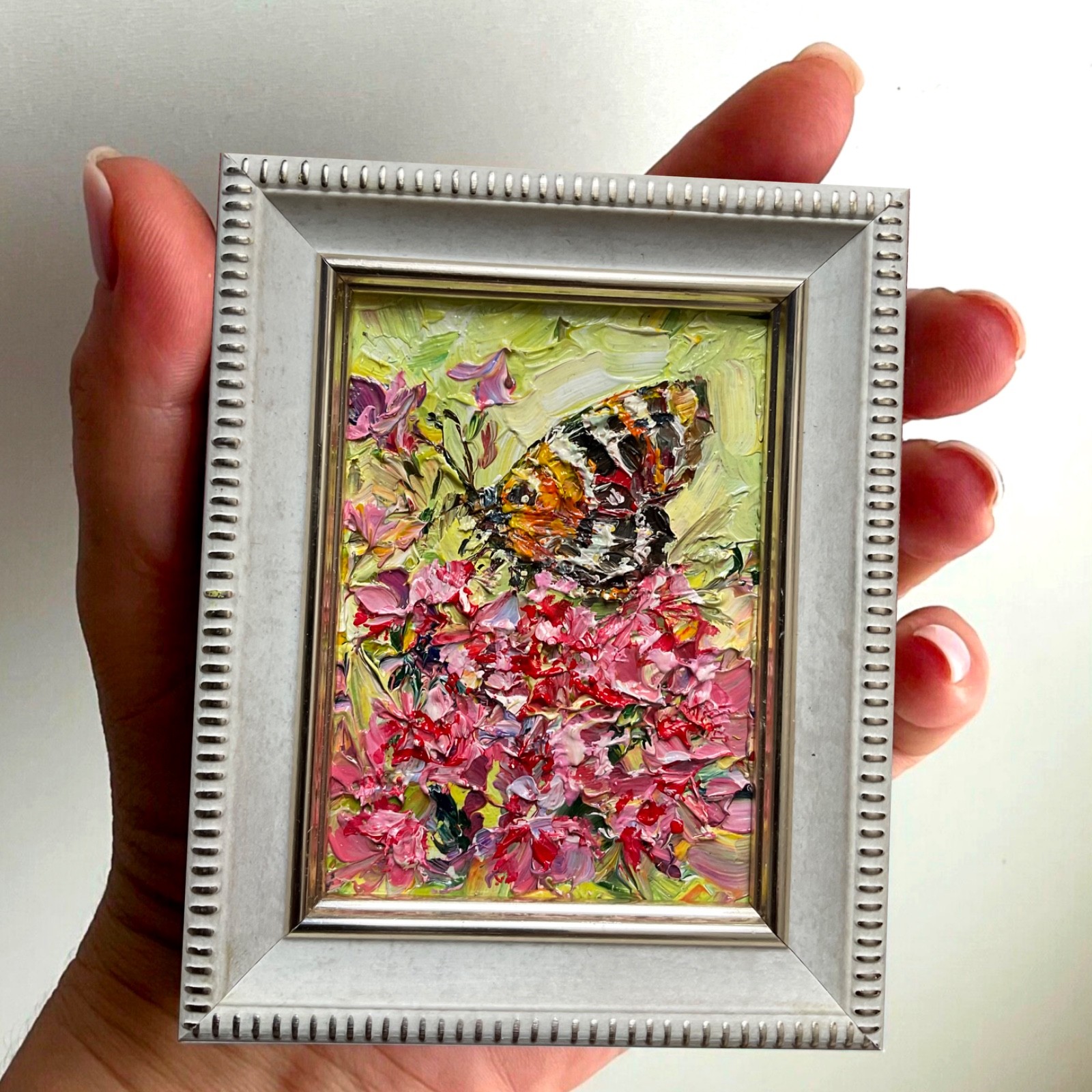 Wildflower Butterfly Original Oil Painting Impasto Collectable Mini Art 3×2.5in