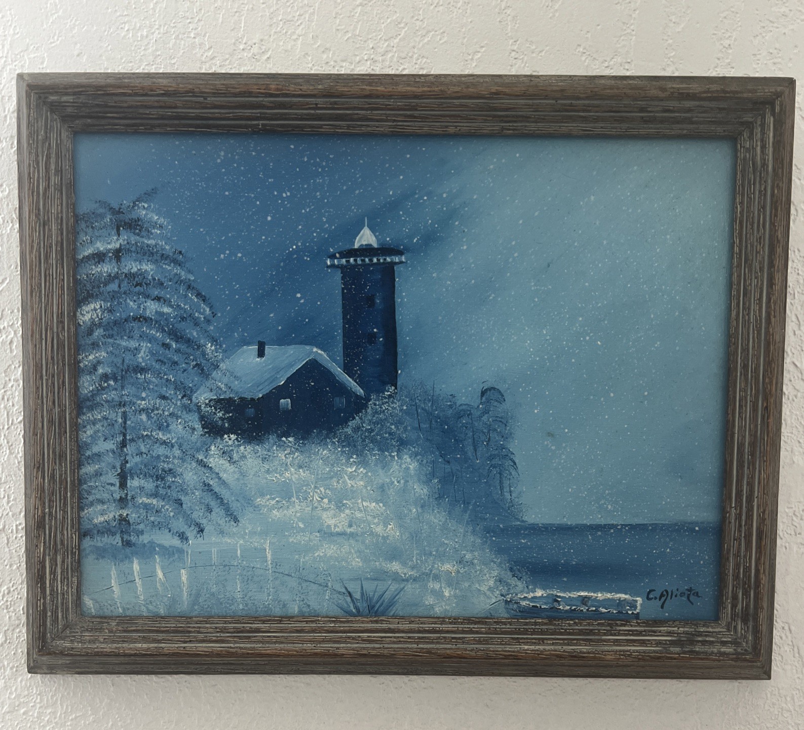 VTG Winter Seaside Farm Harbor Oil Painting Wood Framed Signed Lighthouse 11×14