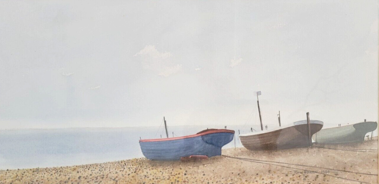 JOHN AUSTIN Original Watercolor London Suffolk BOATS ON BEACH VTG 1984 17×27