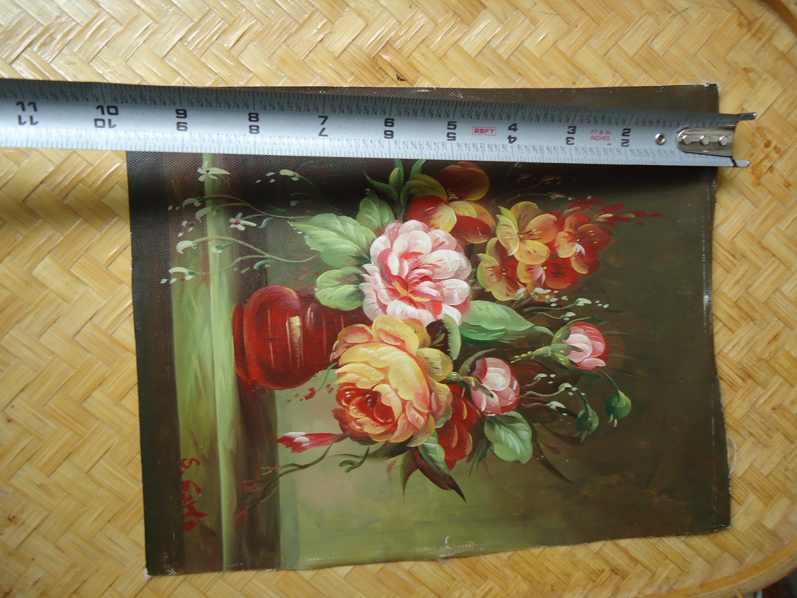 Still Life Painting on Canvas Flower Arrangement in Vase Floral Moody Burgundy