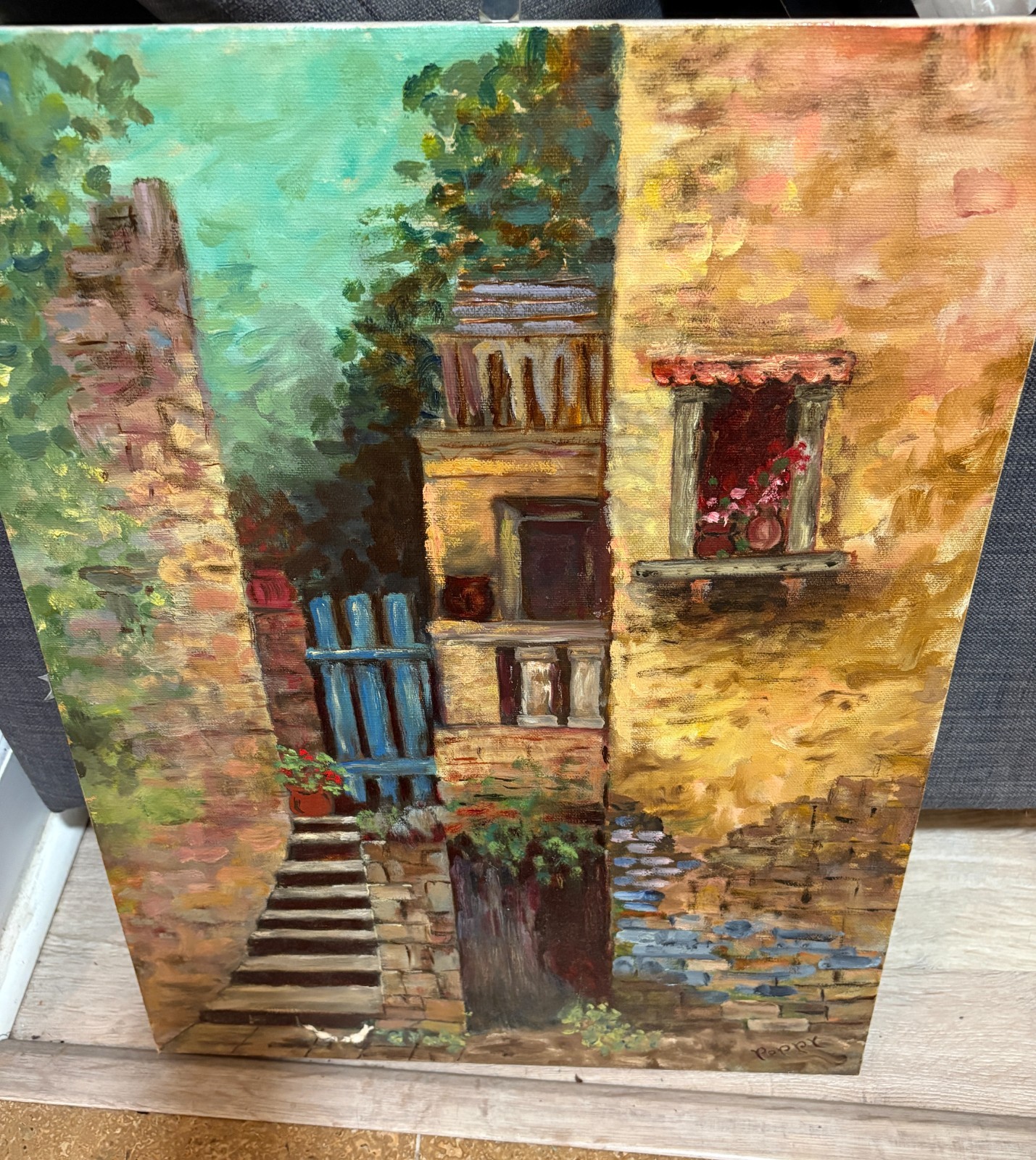 VNTG Original Oil Canvas Painting Signed 1979 Unframed Stone Brick House 16×20″