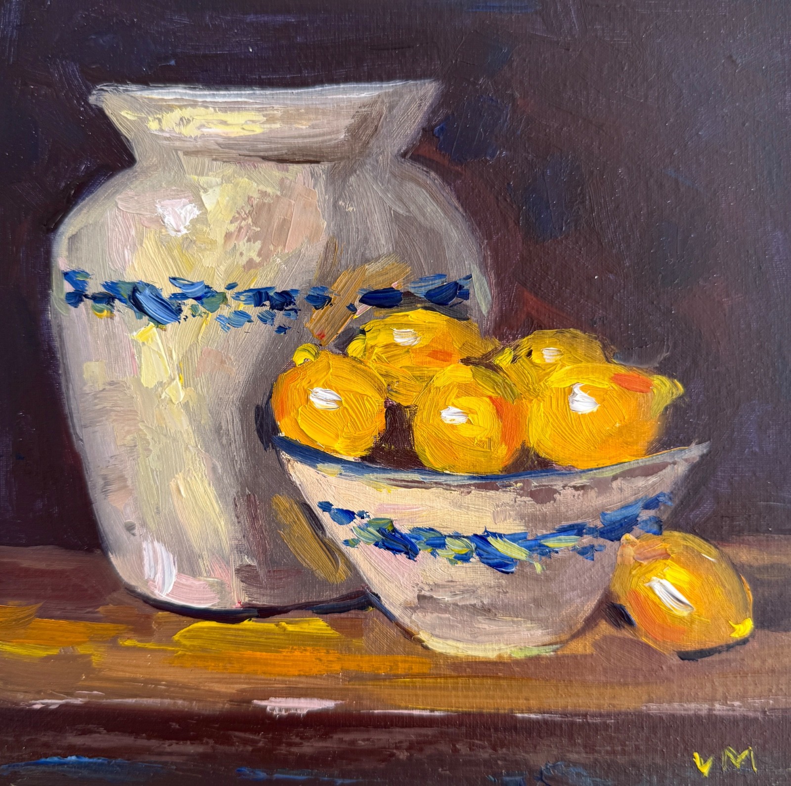 Lemons Original Oil Painting Still Life Vintage Vase Wall Art Decor Signed