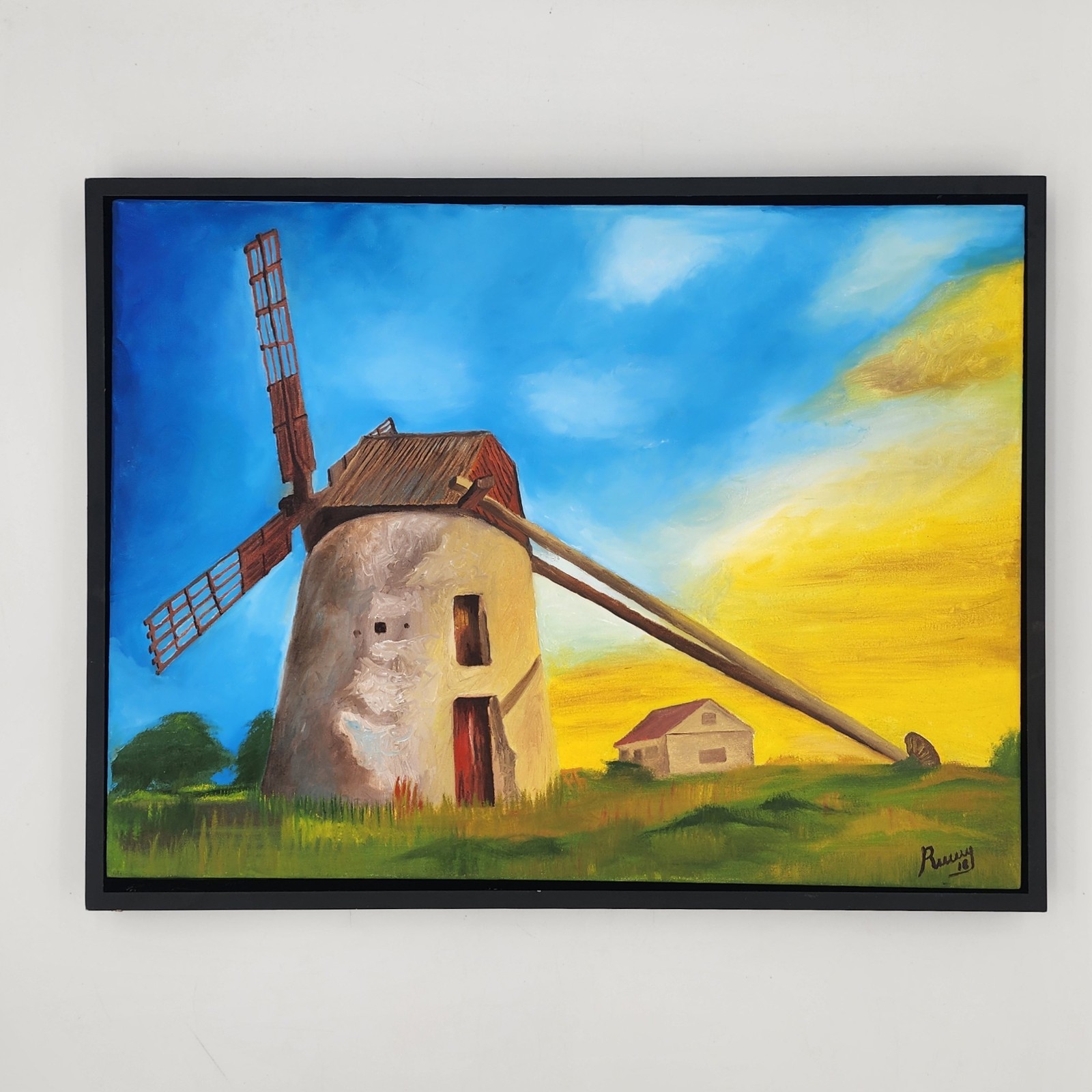 Finished Paint By Number Windmill Sunset Oil Painting Dutch Landscape Framed PBN