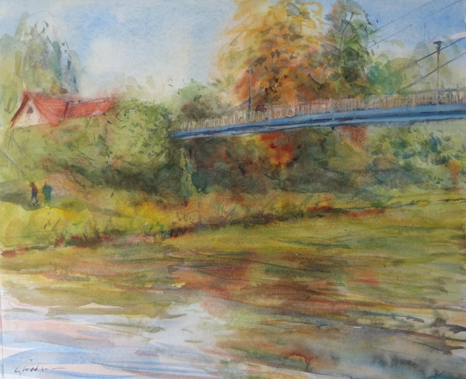 GERRY MILLER pedestrian bridge Fürstenwalde watercolour. 33x27cm.