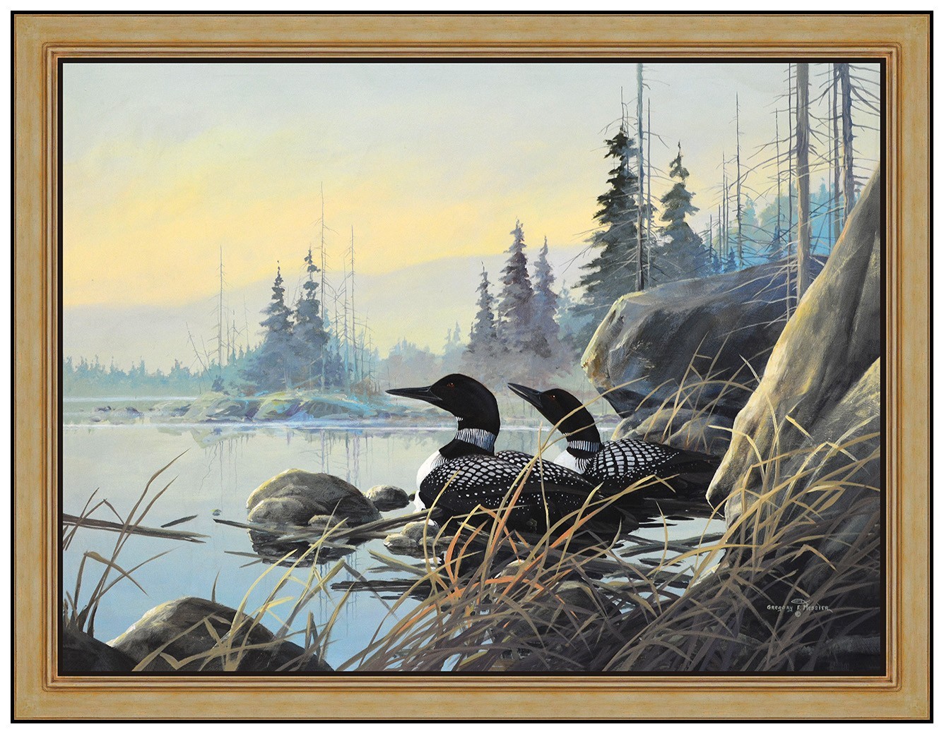 Gregory F Messier Large Original Loons Signed Oil Painting On Board Framed Art