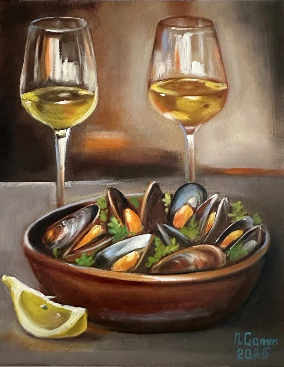 original oil painting wine, mussels, lemon 24x30cm Art For Kitchen, Still Life