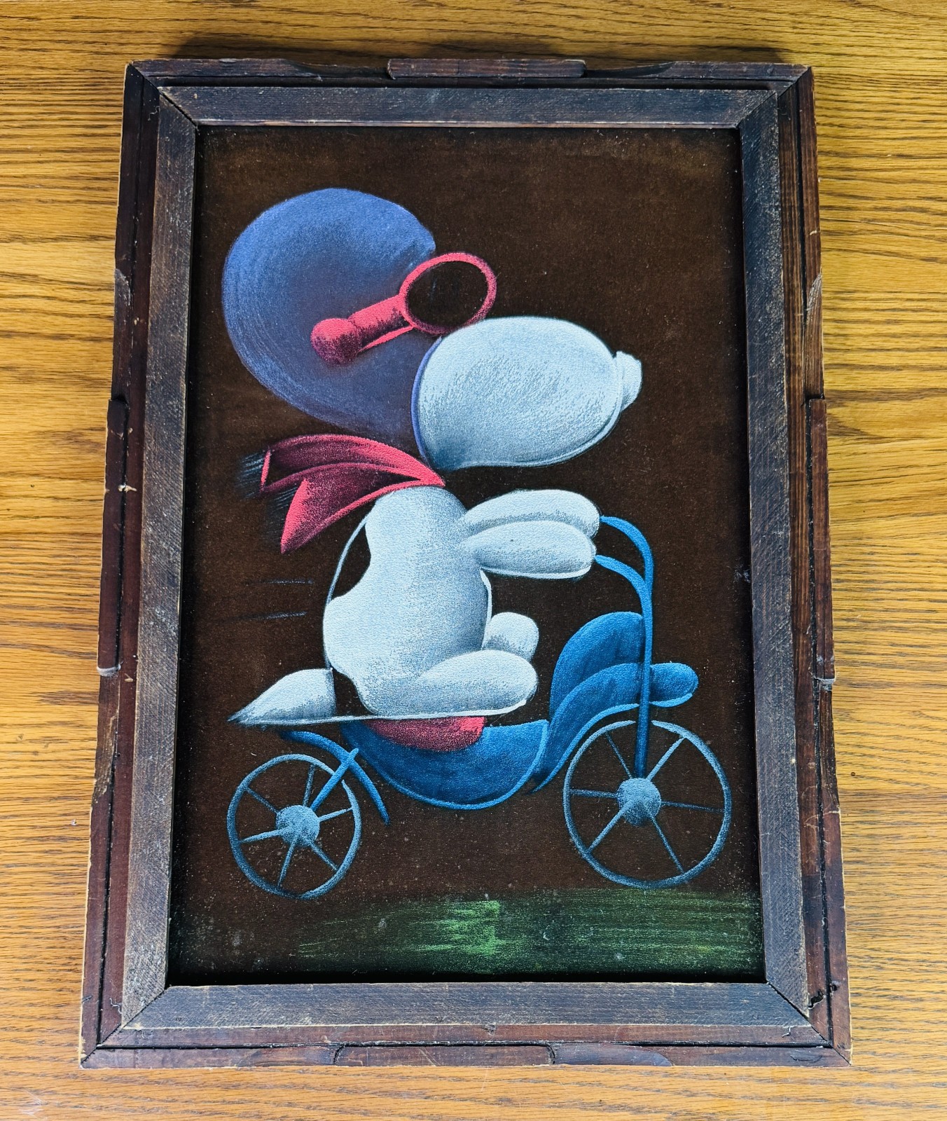 VTG 1970s SNOOPY PEANUTS BLACK VELVET PAINTING FLYING ACE RIDING BIKE BICYCLE