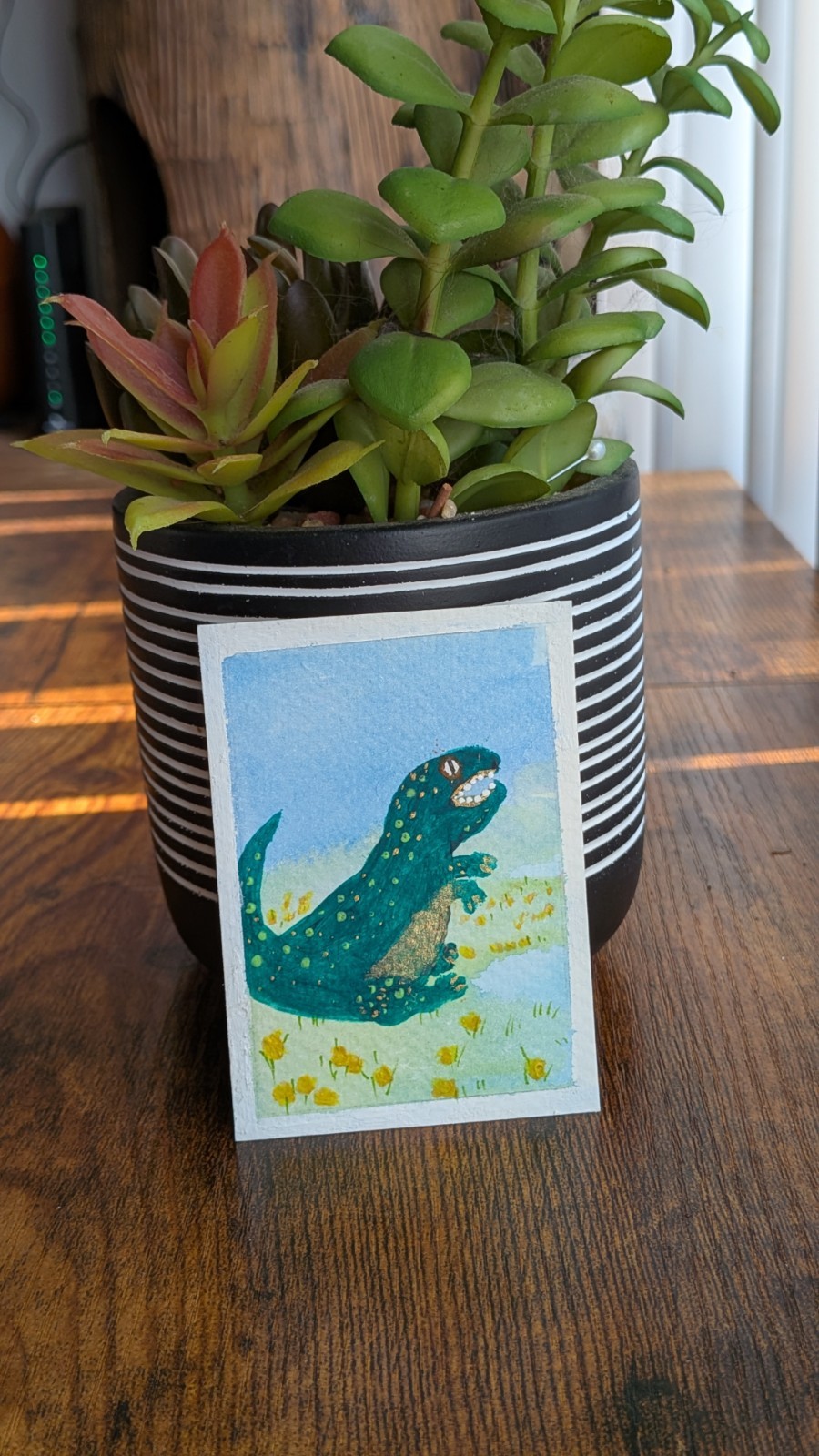ACEO Original painting Green Dinosaur Adopt a Dino Series (grumpylizard)