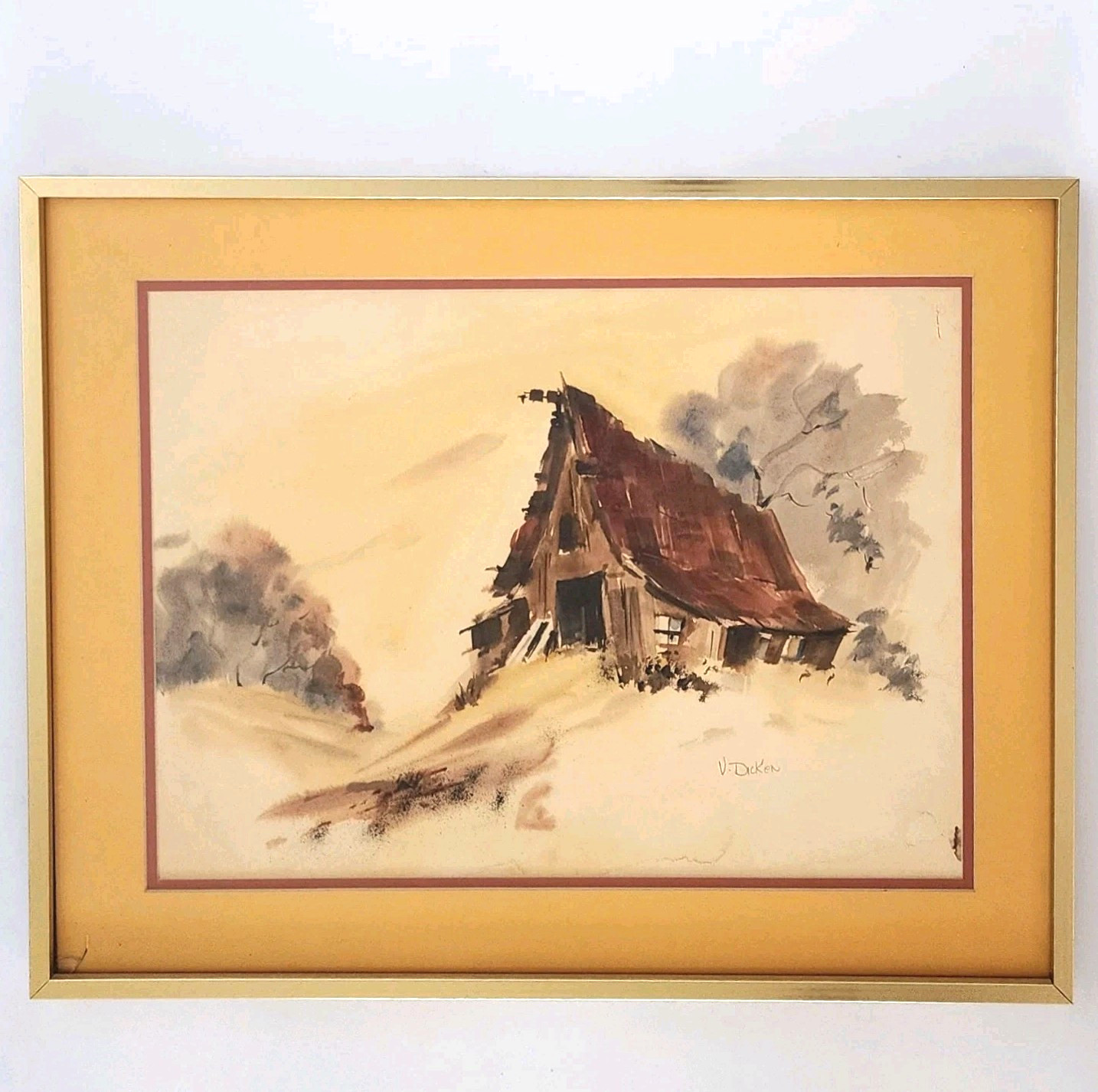 Vintage Original Barn Watercolor Painting Virginia Dicken Signed Impressionist