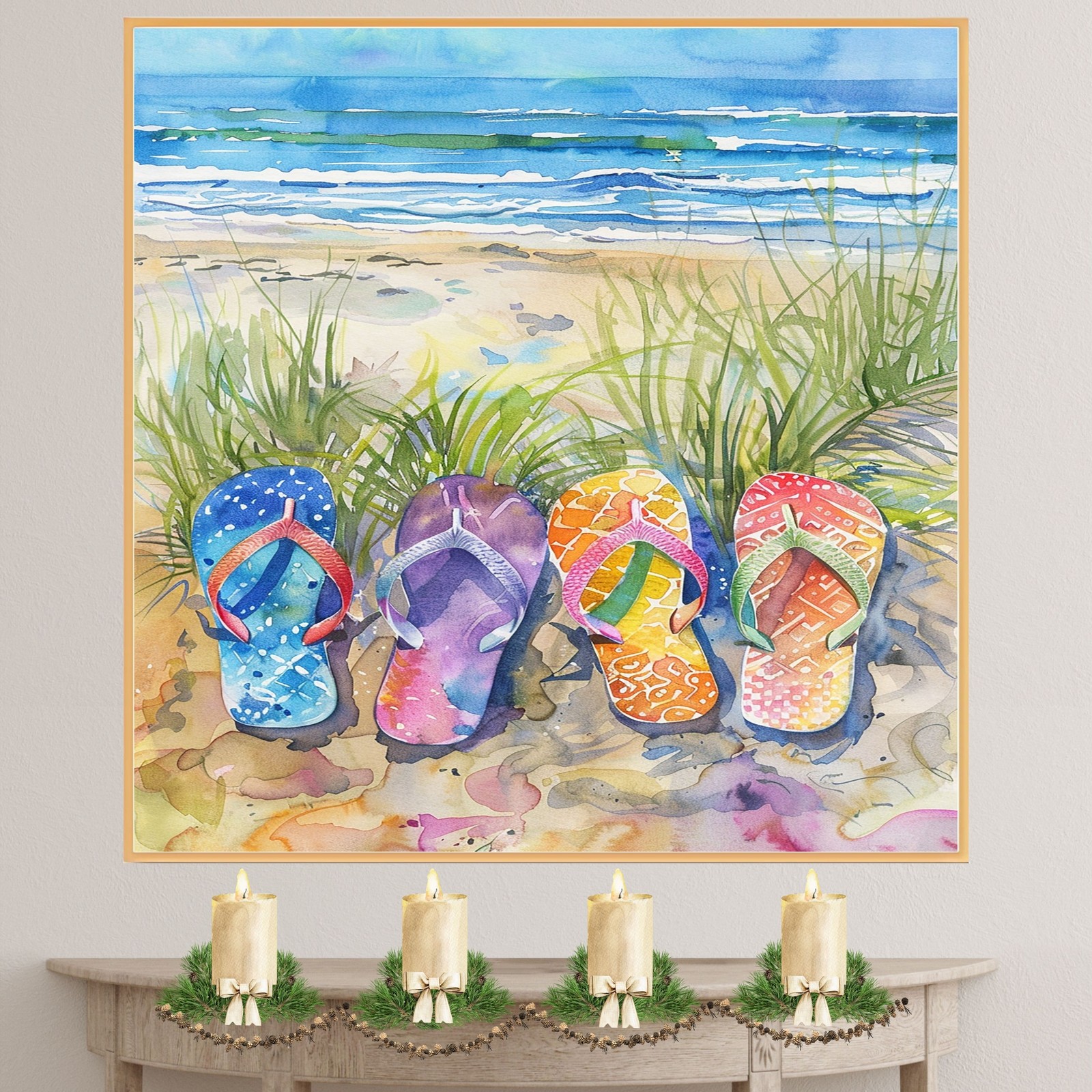 Colorful Flip Flops in Beach Grass by Ocean Shore Watercolor Summer Coastal Art