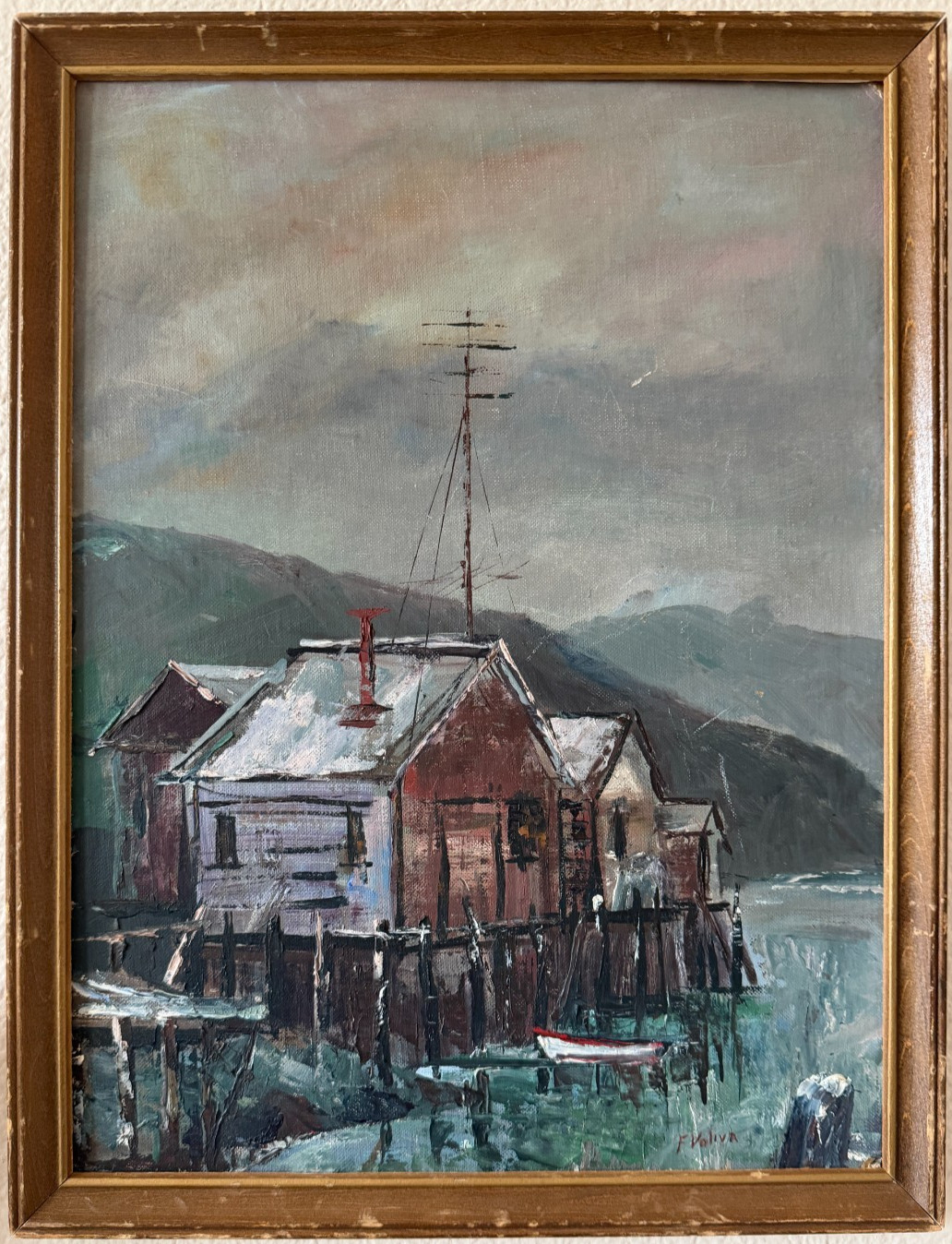 Vintage Mid Century Original Coastal Harbor Landscape Oil Painting Signed Framed