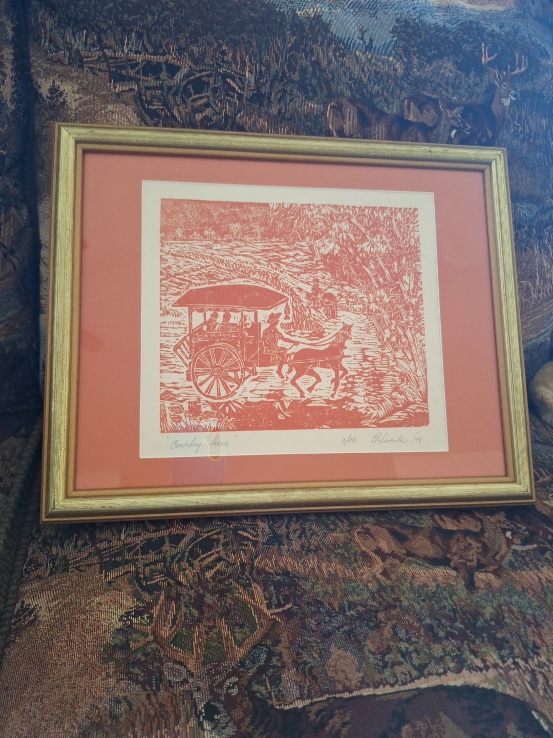 Gold framed Signed Linocut Print Horse Buggy Ox Tilling Field 3/80 Leopola 1973
