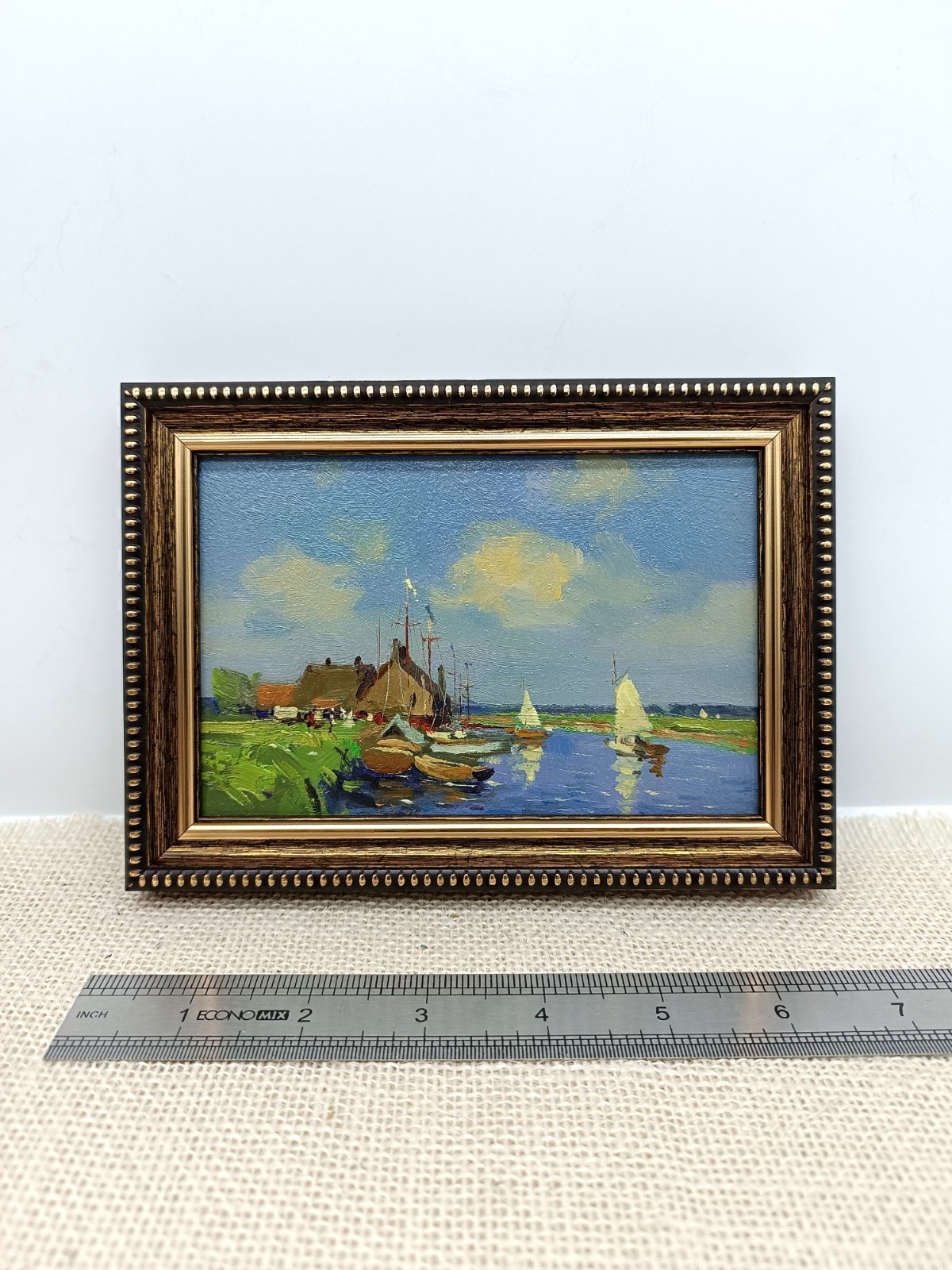 Sailboat Harbor Original Oil Painting 4×6 Framed Signed Nautical Seascape Art