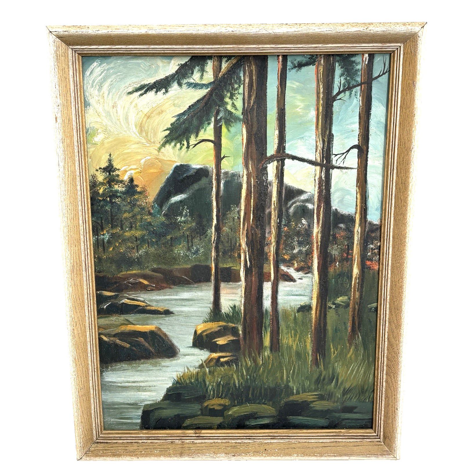 Vintage Landscape Painting River Pines Mountain Moody Oil Style Framed 21×27
