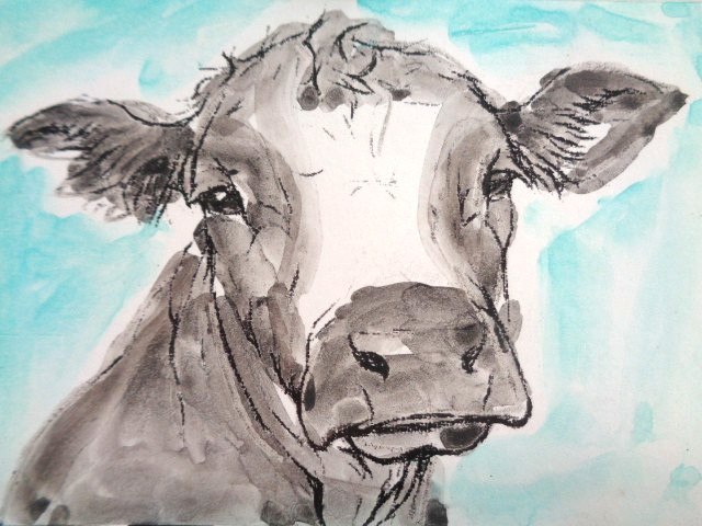 ATC ACEO Country Farm COW Painting Art