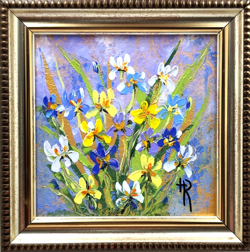 Original Oil Painting 4×4 in Framed Gift Ready Signed Iris Flowers Impasto Art