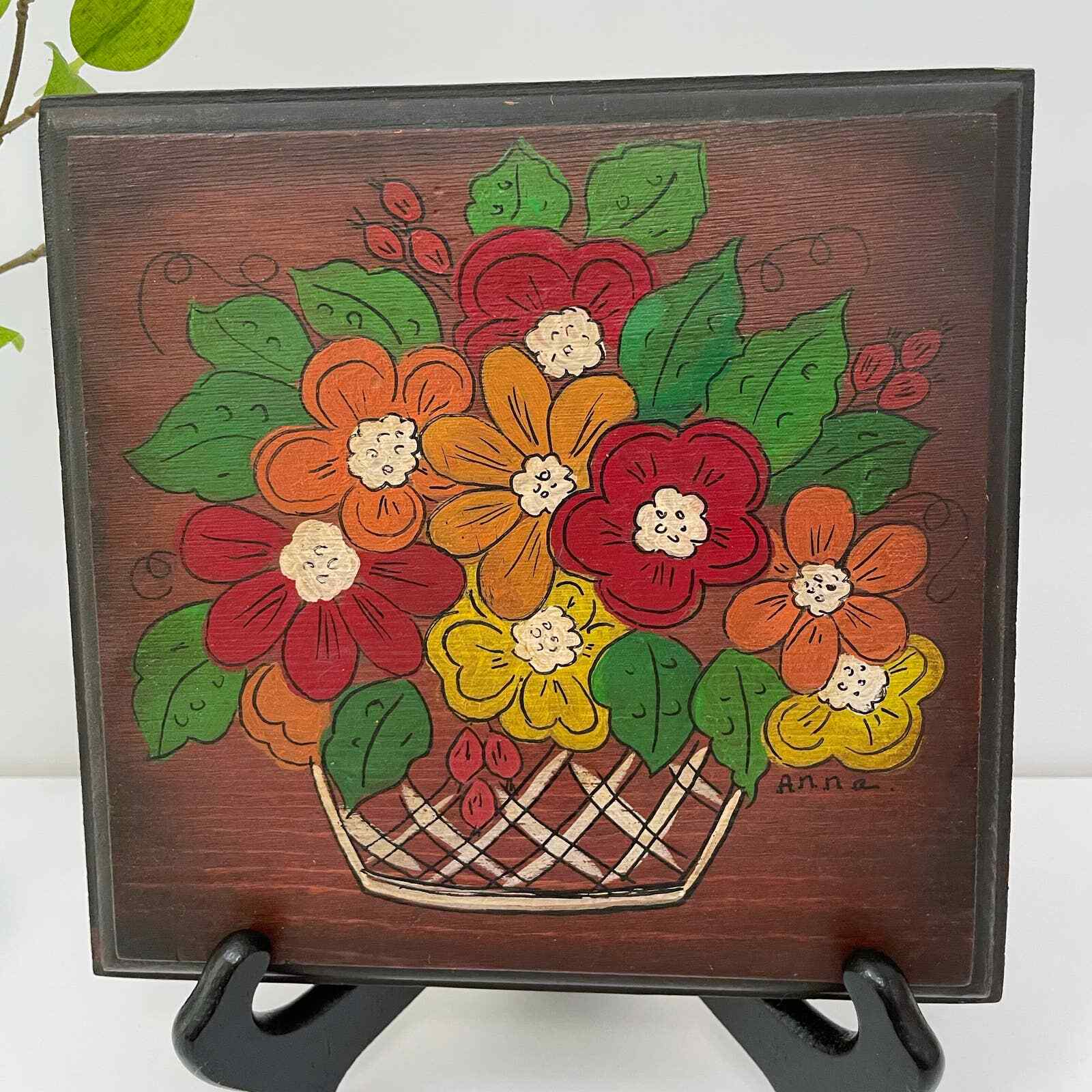 Vintage Original Painting Basket of Flowers