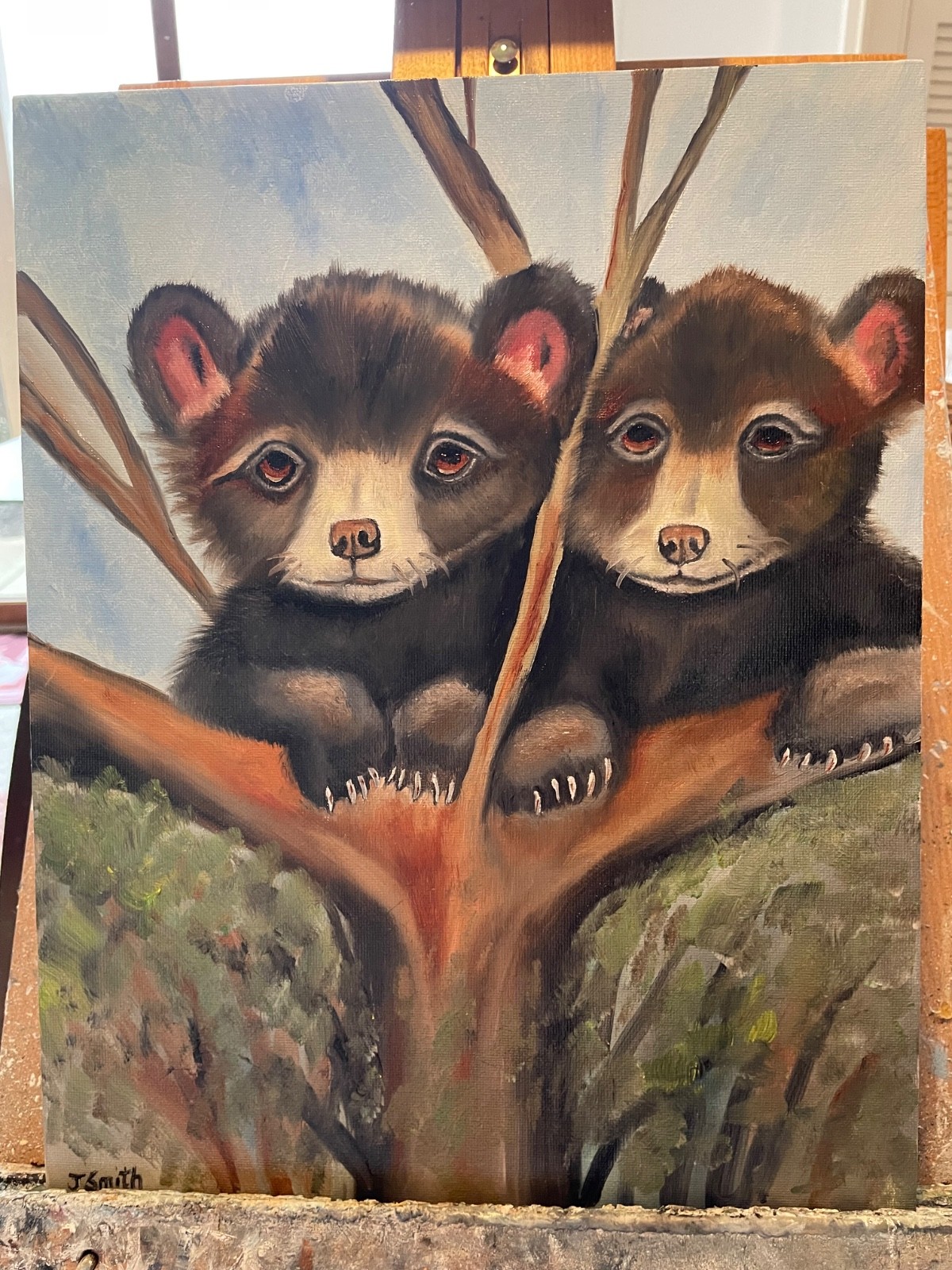 Original oil painting signed 11 x 14 in Bear cubs in a tree