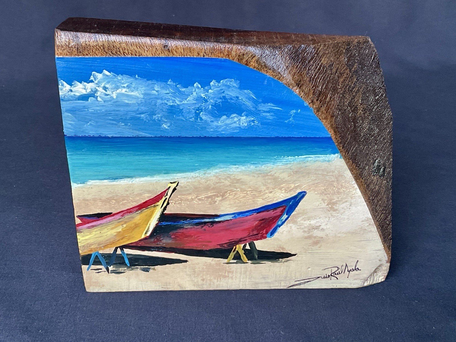 Painting On Wood 4.5″x 5.5″ Signed Folk Art Tropical Boat Scene Coastal Decor