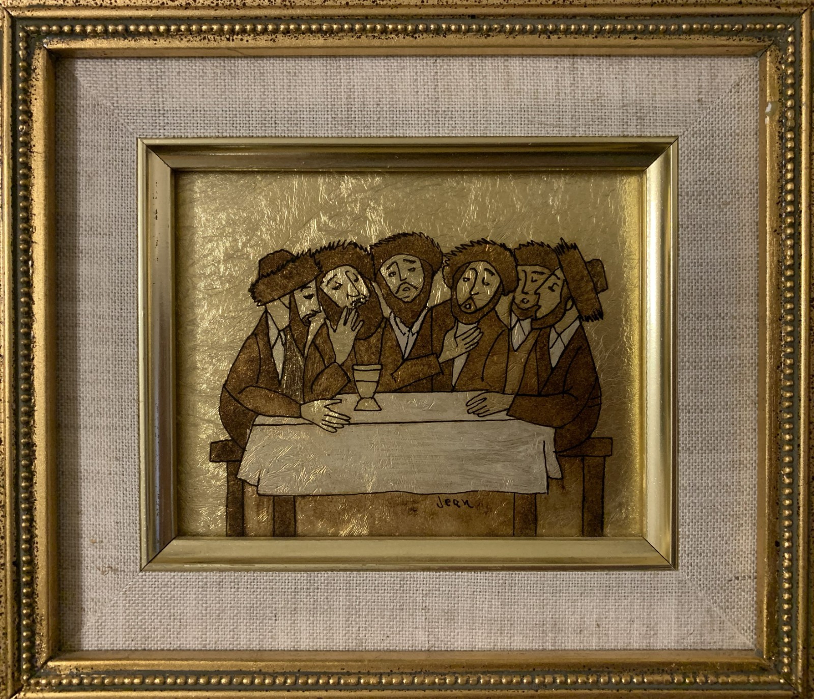 original signed Religious Folk Art Gold Leaf Foil Painting Jewish Men Judaica