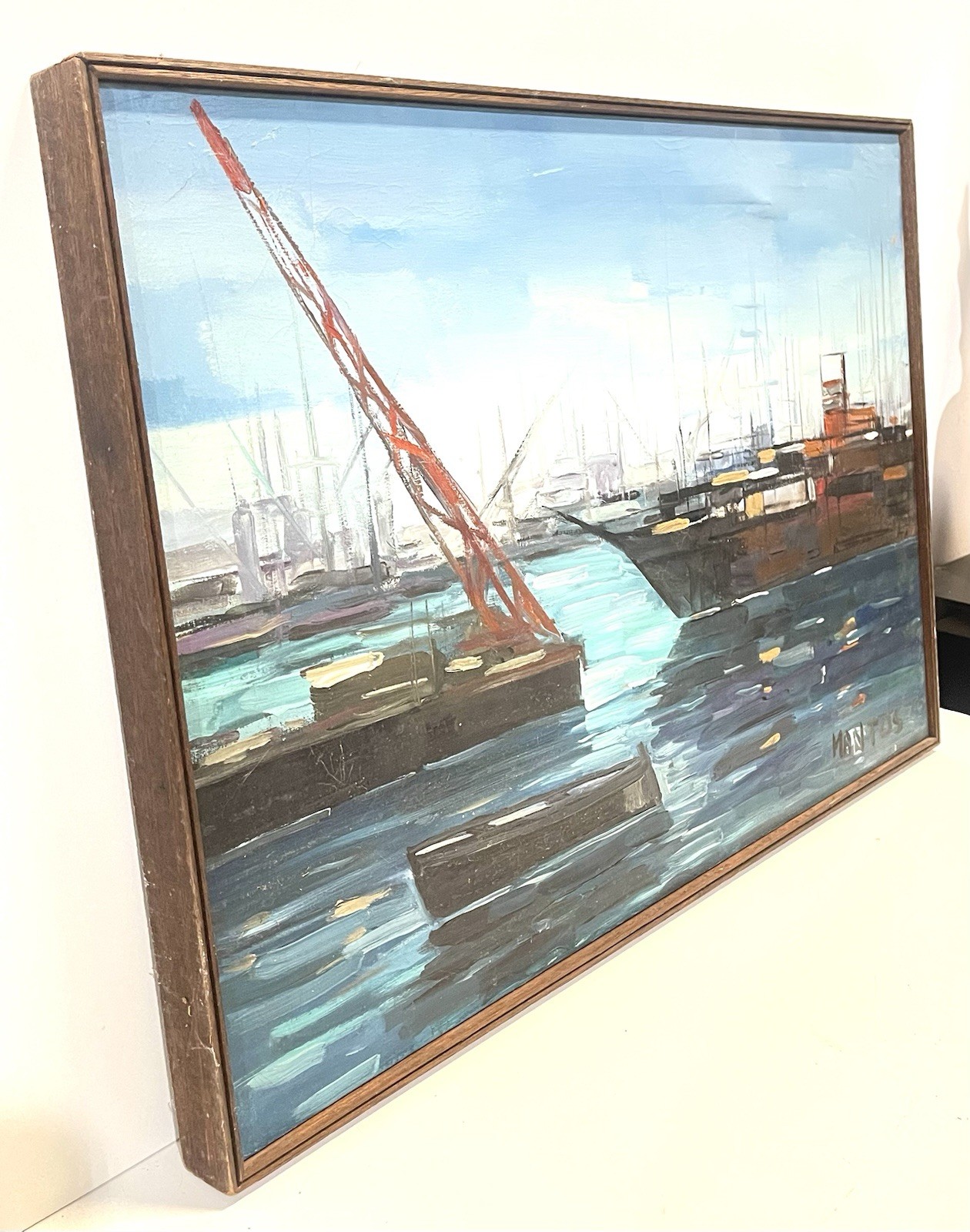 Vintage Harbor Shipyard Nautical Scene Painting On Canvas Framed Signed