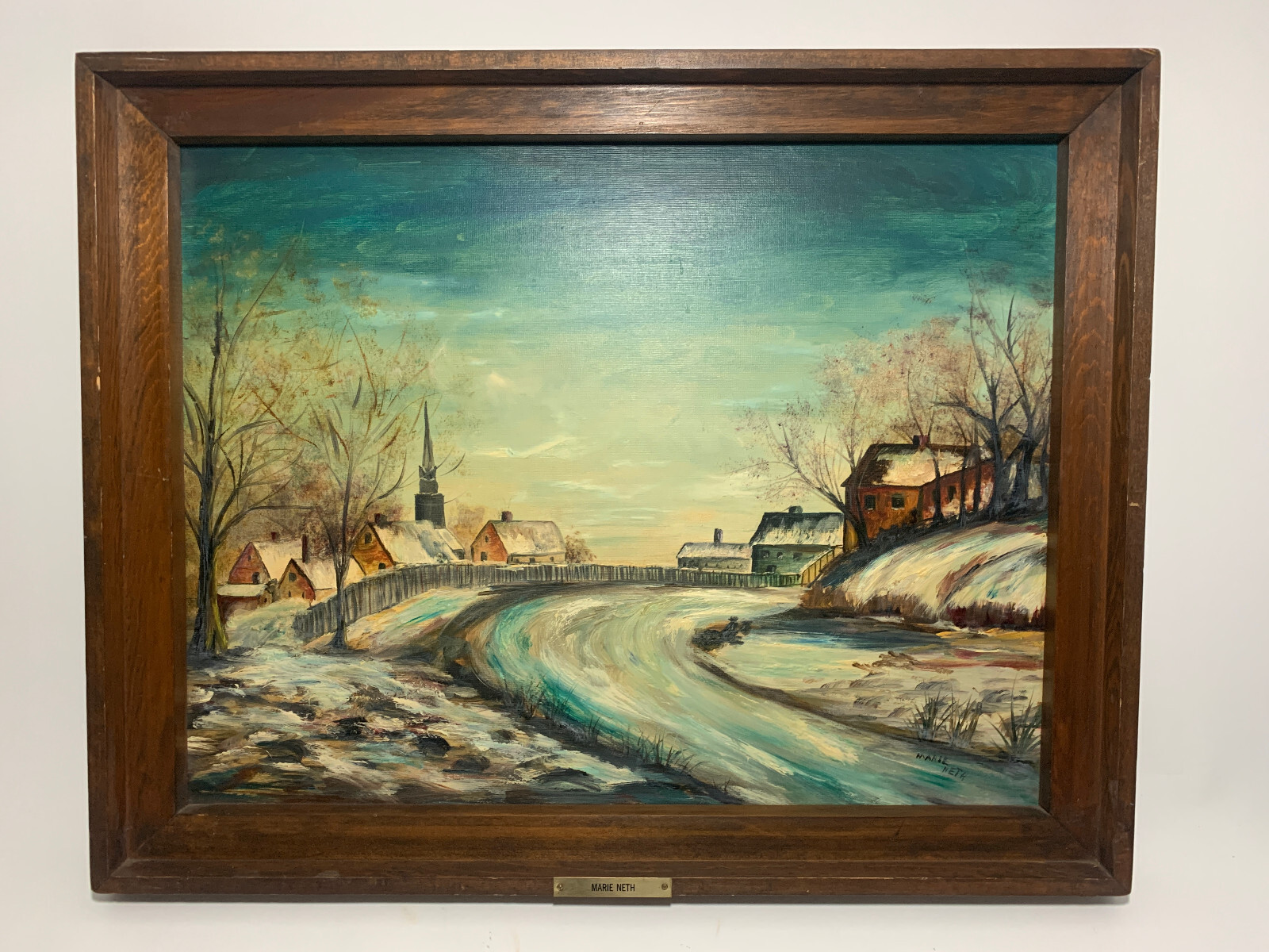 Scenic Winter painting by Michigan Folk Artist Marie Neth