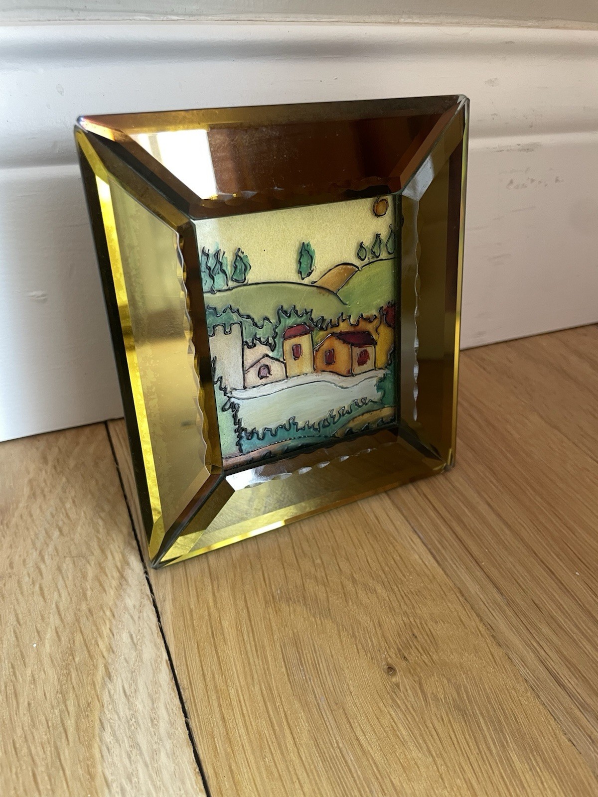 Beautiful Perlici Assisi Italy Landscape Mini Painting On Glass Framed 4.75” H