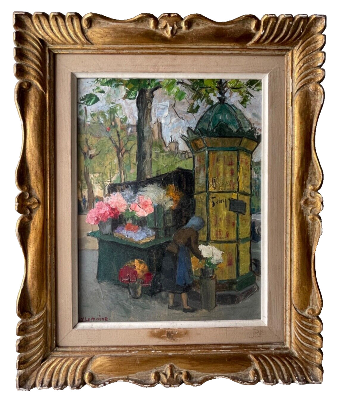 Yvonne LEMOINE Signed French Realist Modernist Oil 1963 – Flower Seller in Paris