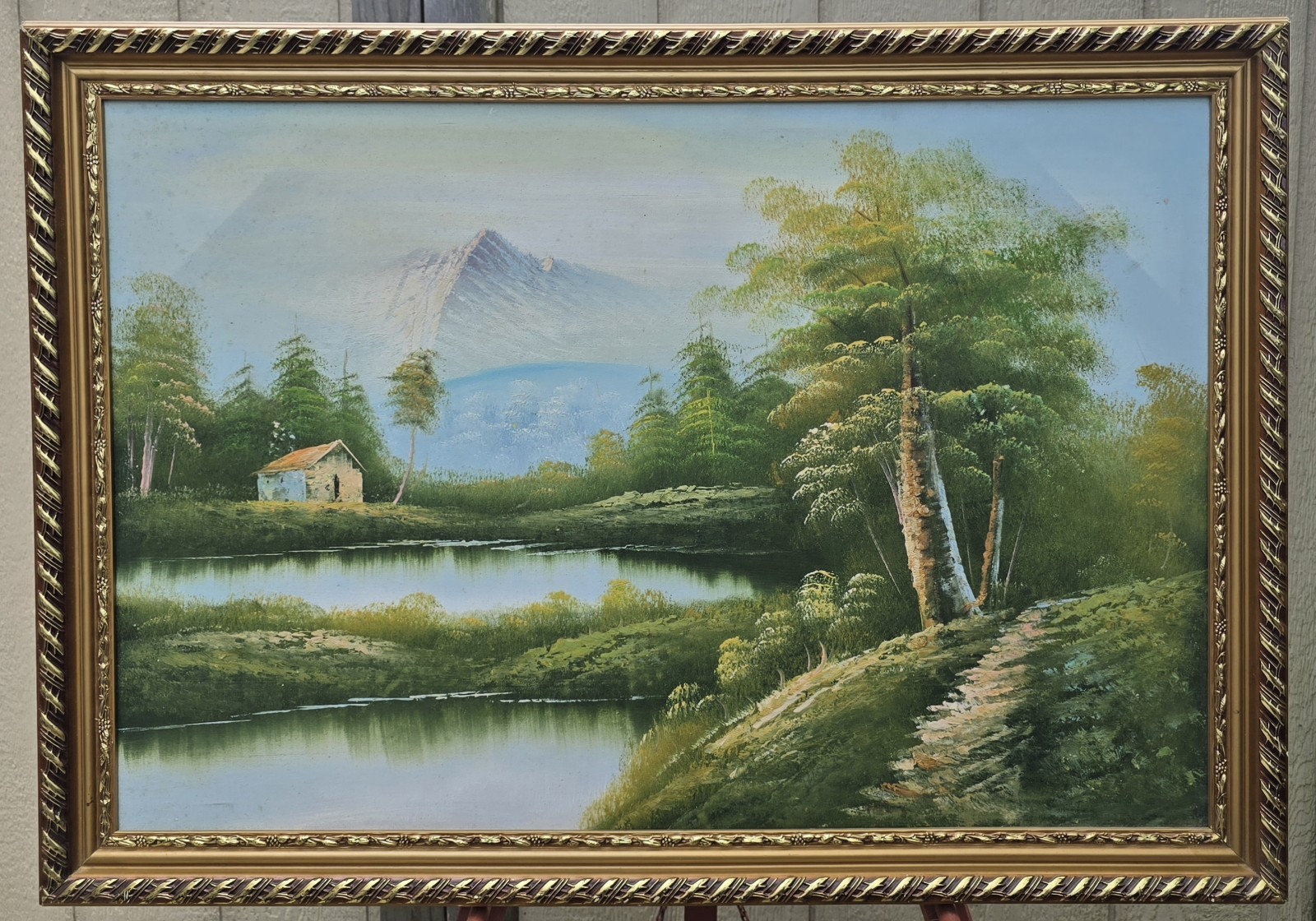 Original Oil Painting On Canvas Cabin Mountains Woods Trees Water Lake Landscape
