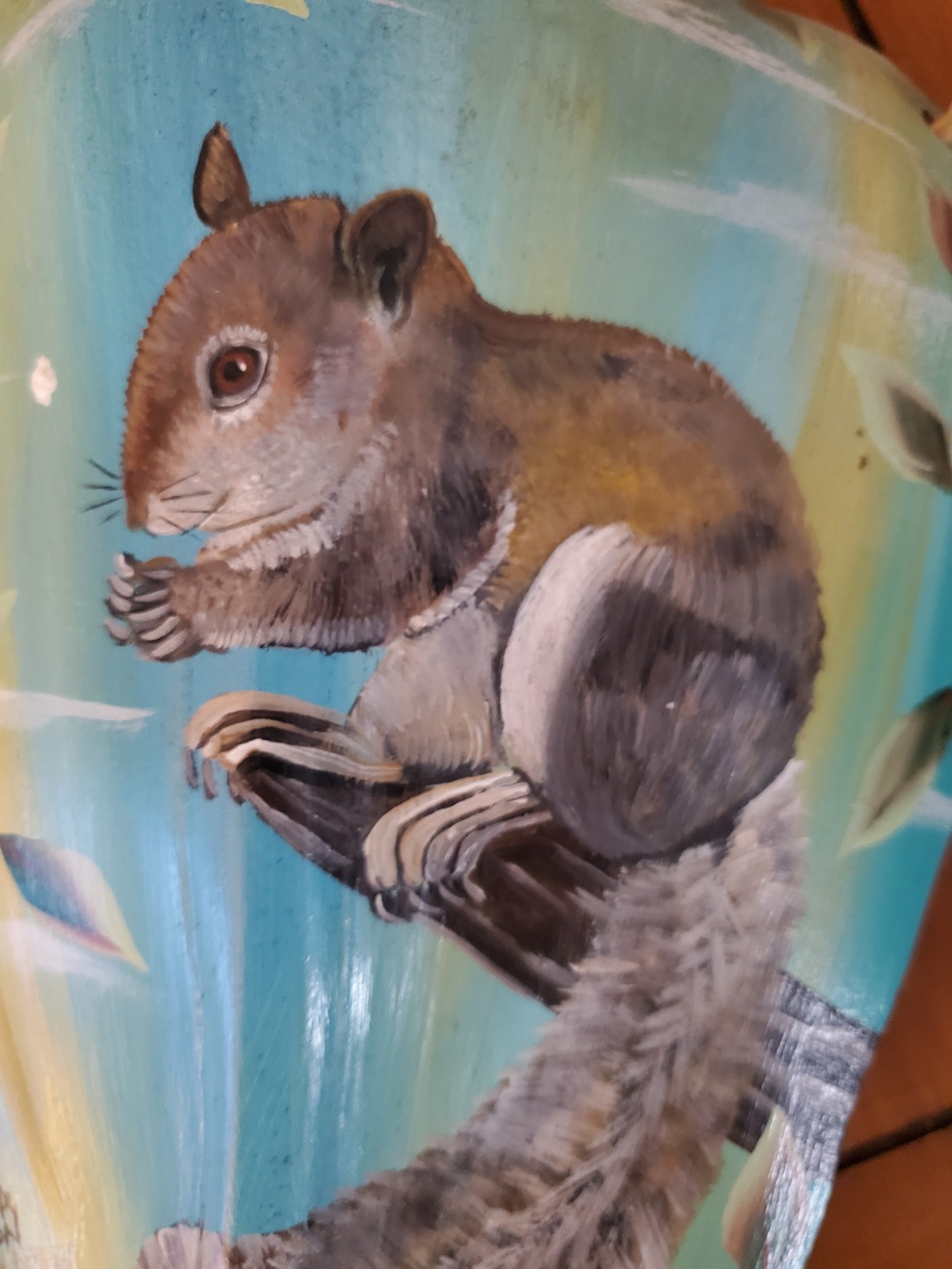 Sonia Larson Painted Palm Gray Squirrel Tropical Decor Signed 12”