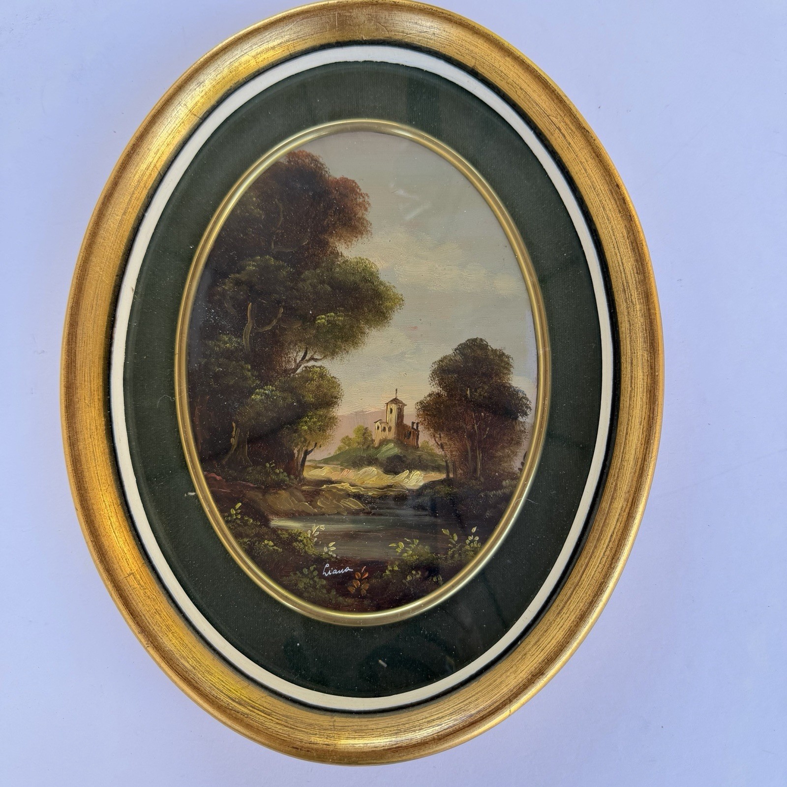 Vintage Italian Original Oil Painting Signed Liana Oval Landscape Gold Frame
