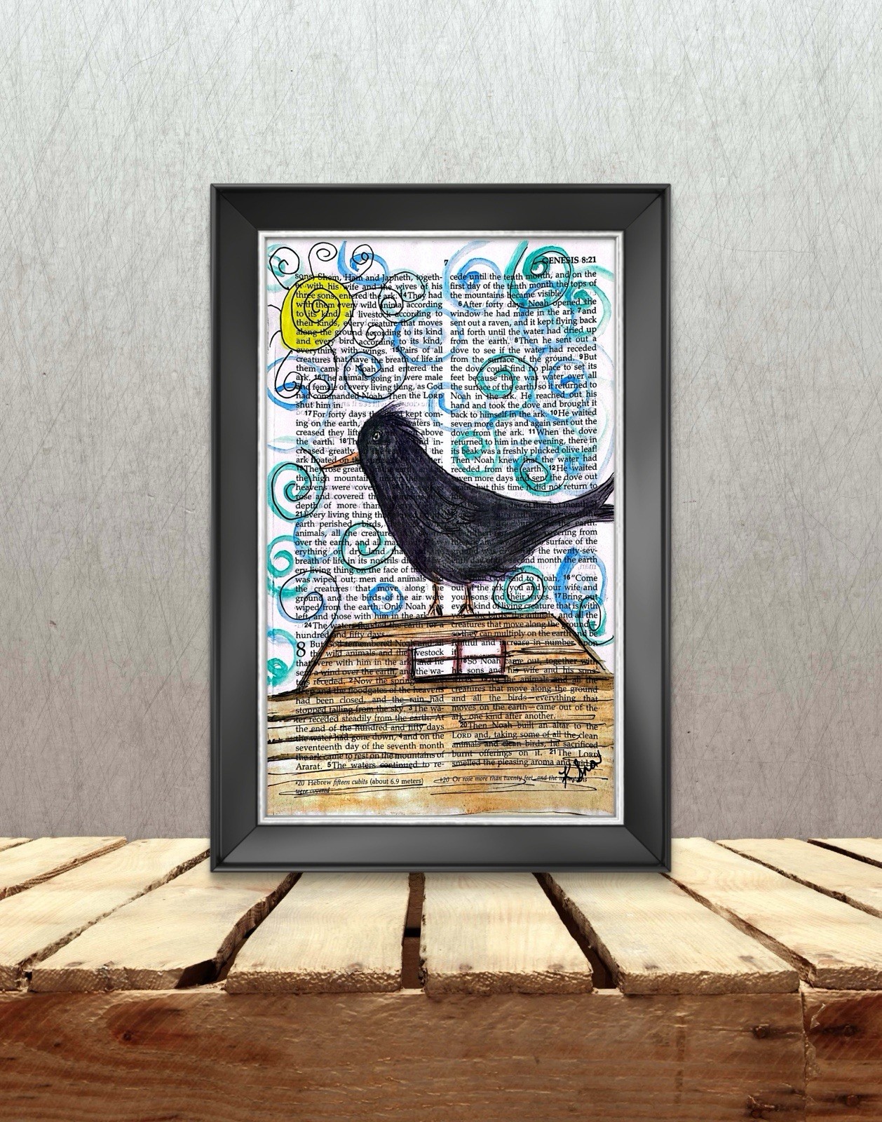 Inspirational Original Art “Raven Returns” 5.25 x 8.25 On A Bible Page Wall Art