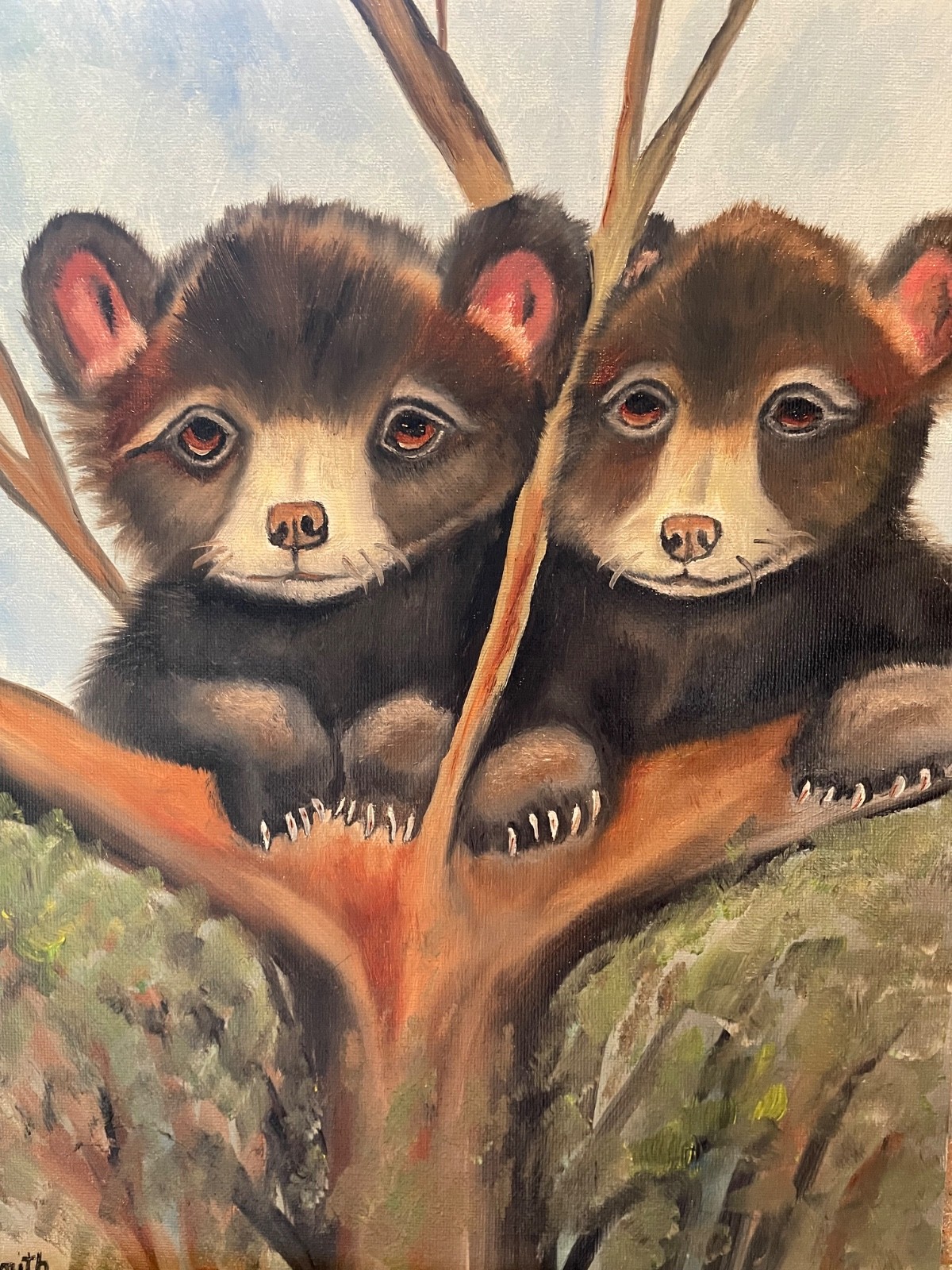 Original oil painting signed 11 x 14 in Bear cubs in a tree