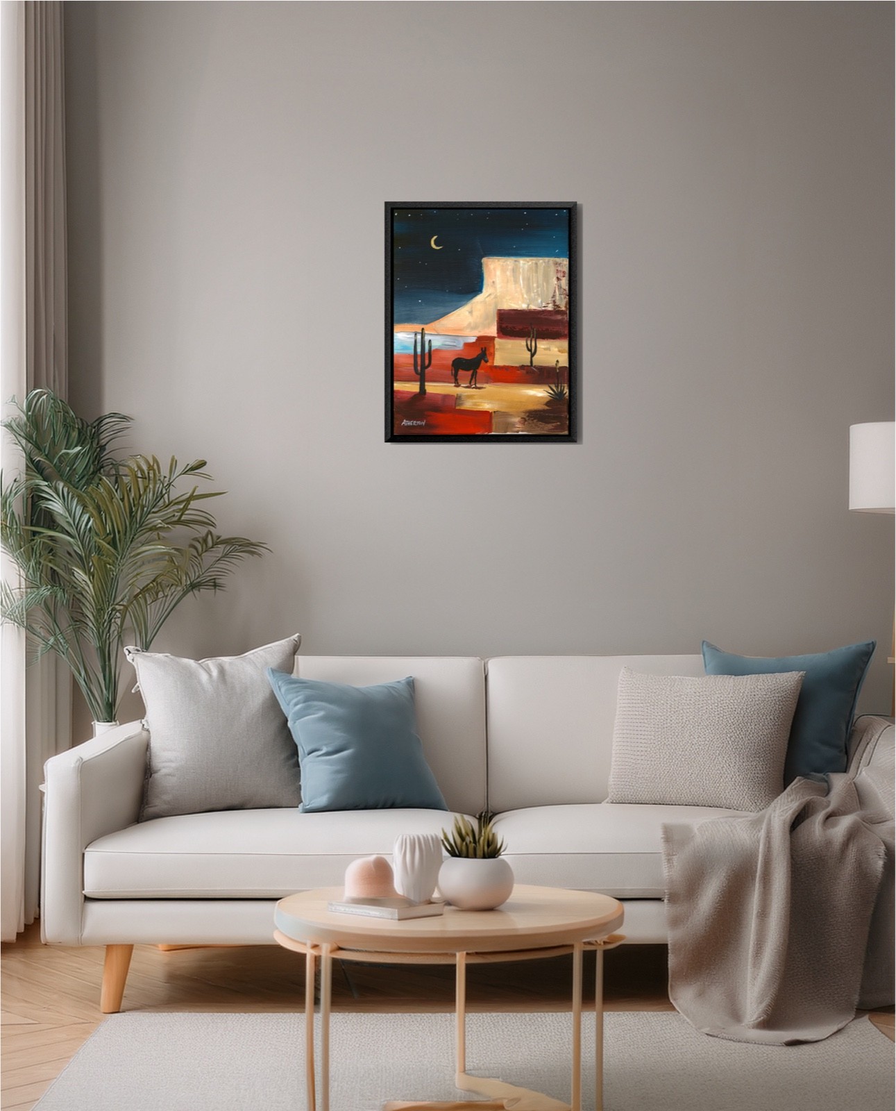 11×14 Original Desert Moon Painting Southwest Landscape Donkey Cactus Canvas Art
