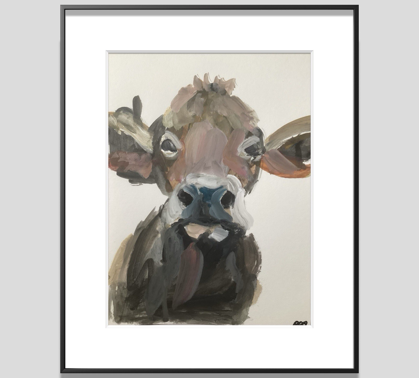 PDQ Artist Original Painting Cow Face Cattle Abstract Acrylic 9×12 Paper Art