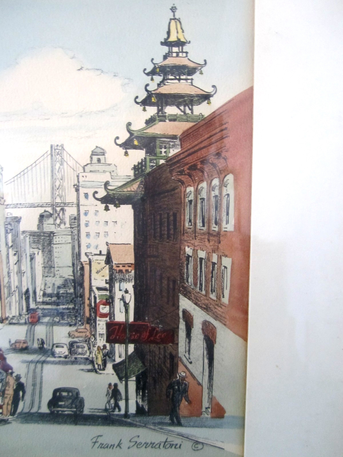 Vintage Frank Serratoni Watercolor Lithograph Street Cable Car In San Francisco