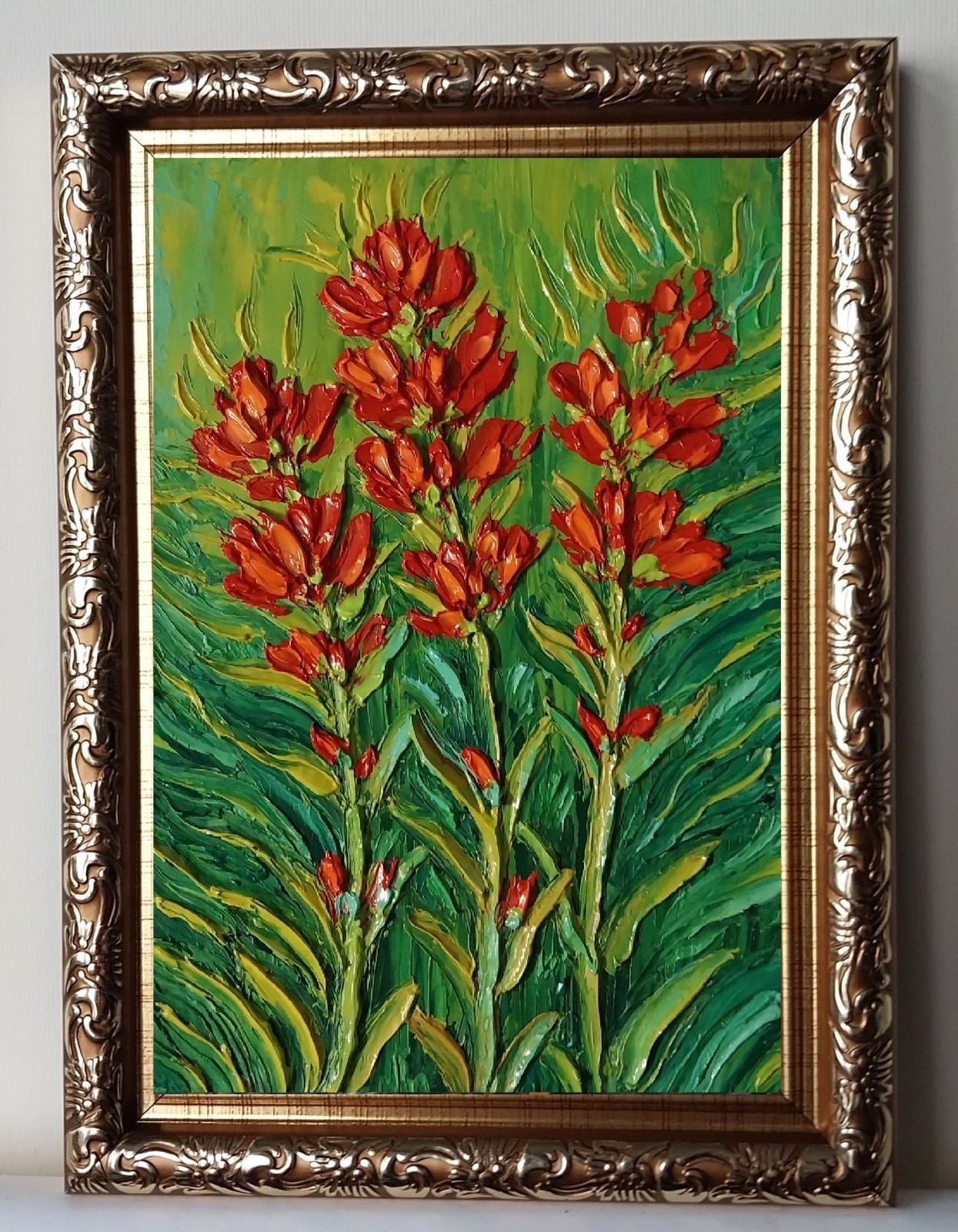 Framed Indian Paintbrush Flower American Wildflowers 4×6″ Oil Painting Original