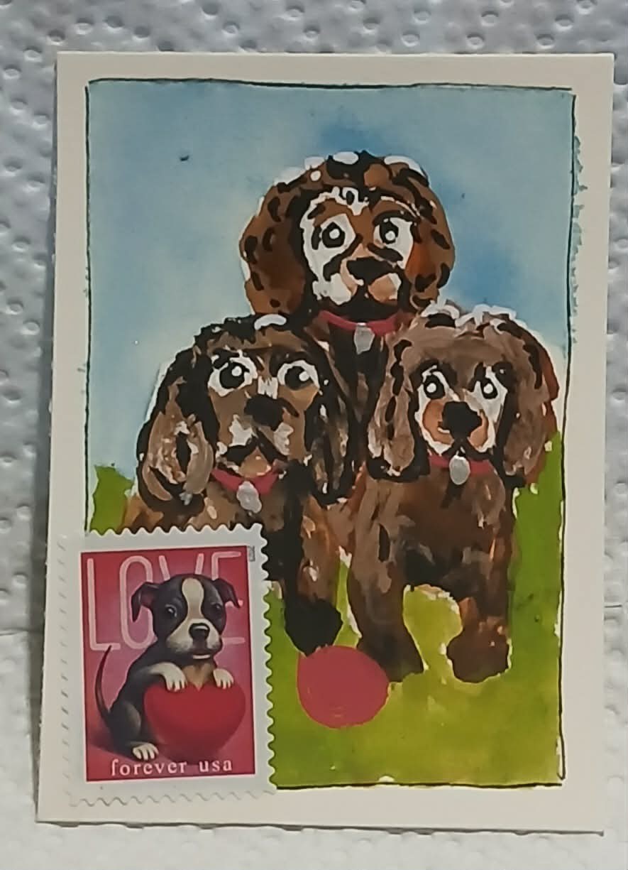 Puppy Love Playtime OOAK Postal Whimsy ACEO by Virginia Watercolor Scribble