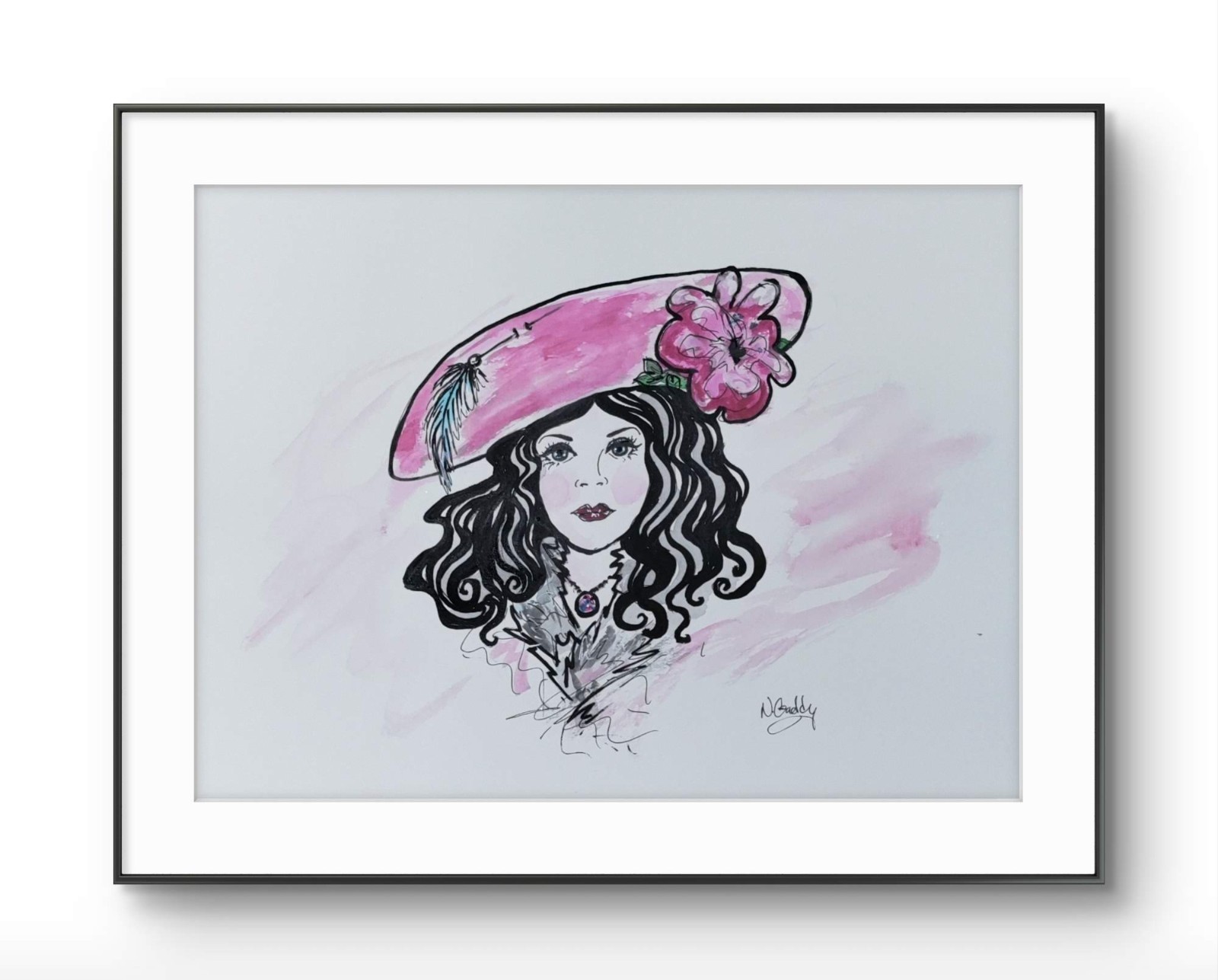 Original 9″x 12″ Abstract Expressive Girl In Pink Hat Acrylic Ink On PAPER Art