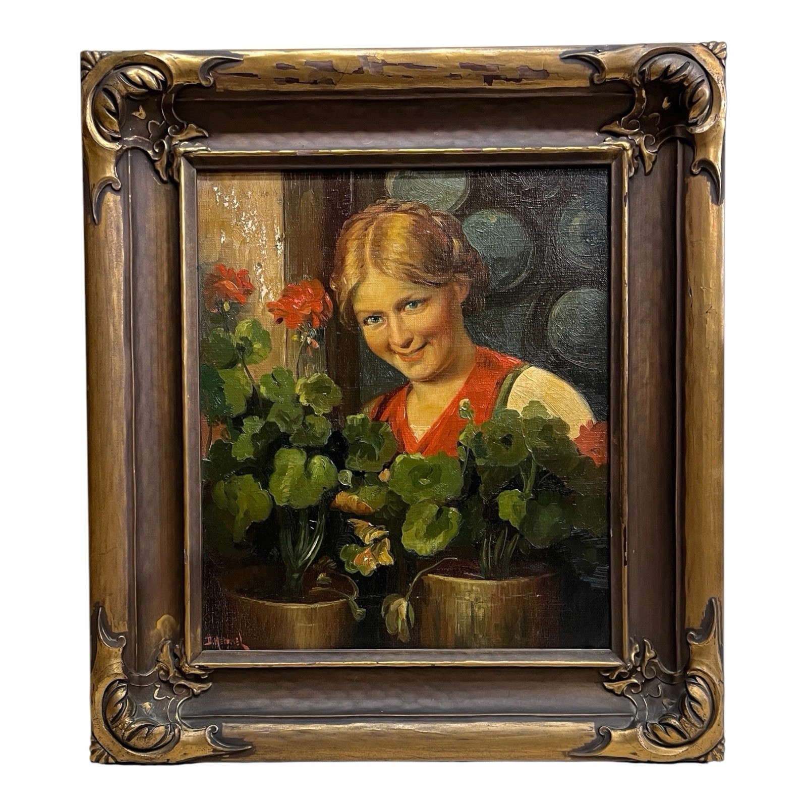 Antique Art Neveau Portrait of Woman and Flowers Oil on Canvas Painting