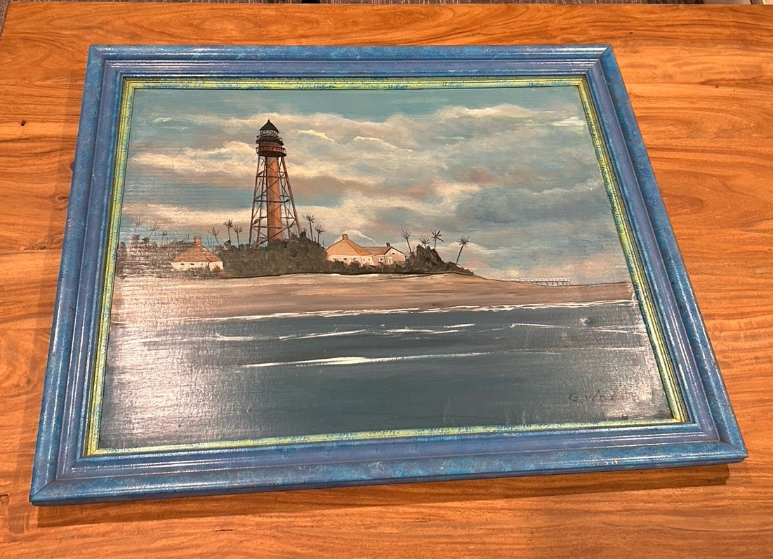 Original Oil on Board George Wortz Sanibel Lighthouse Framed Coastal Florida Art