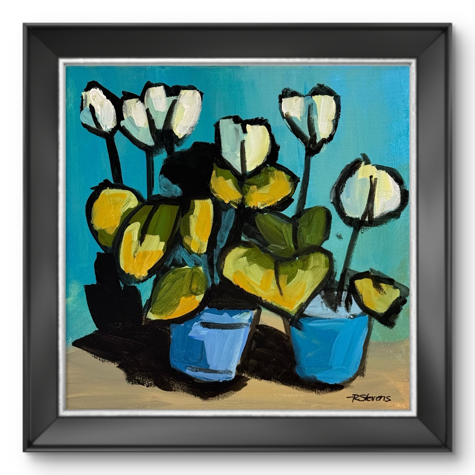 White Floral Still Life Painting Modern Botanical Blue Vase Original Art R Steve