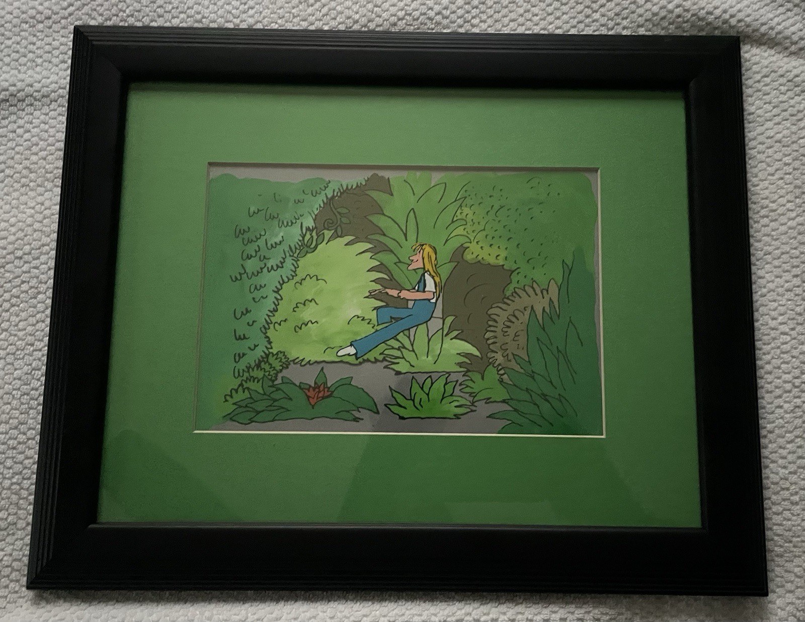 Framed Cartoon Ink Painting of Man in Forest, by animator Paul Fierlinger