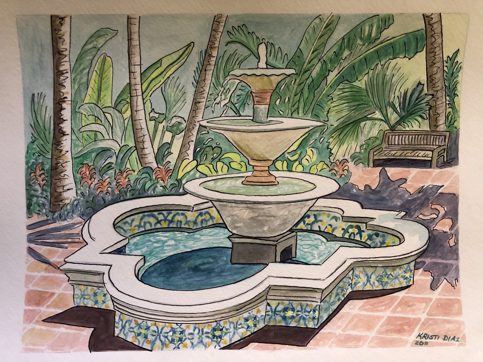 FOUNTAIN at COCONUT GROVE Original Watercolor & Pen & Ink art K Jones Miami FL