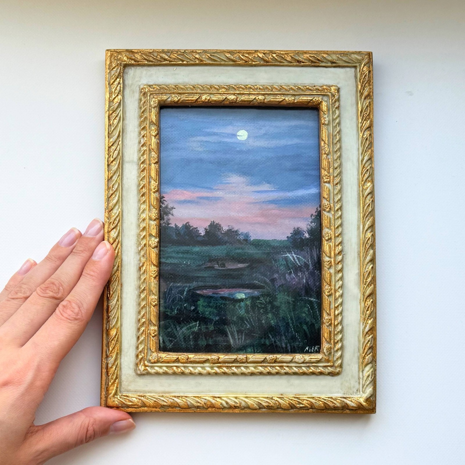 Miniature Moon Landscape Painting Original Night Vintage Ornate Frame Art Purple