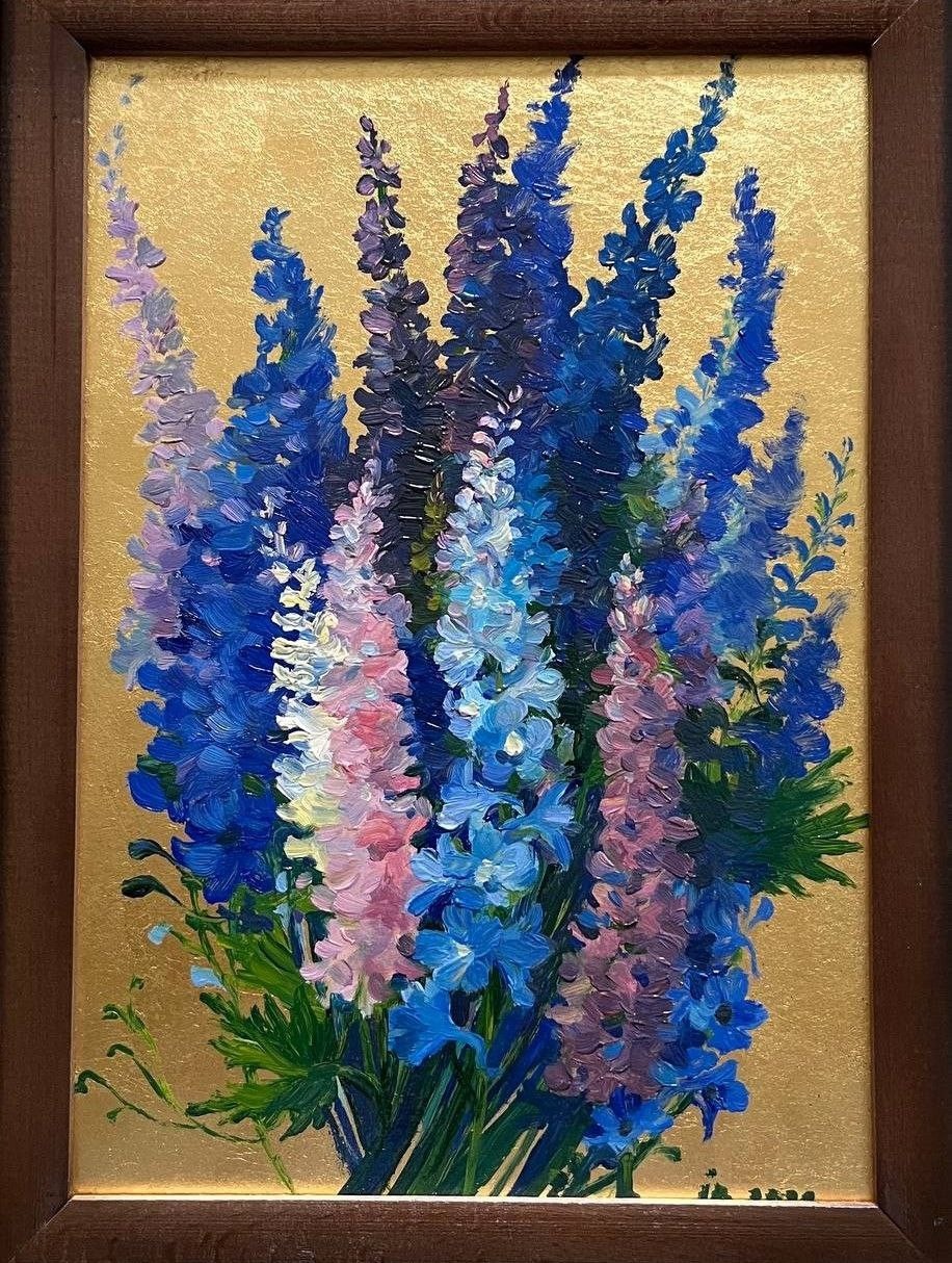 art 350 originalpainting 30×21 cm oil on cardboard potal delphiniums still life