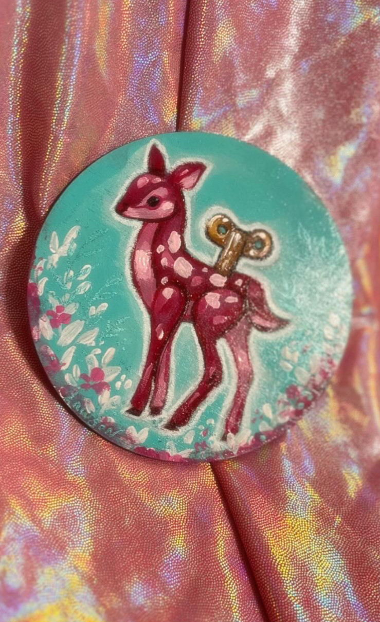 Original Mini Acrylic Wind-Up Deer Pink Cute 4” Round Original by Madison Lawson