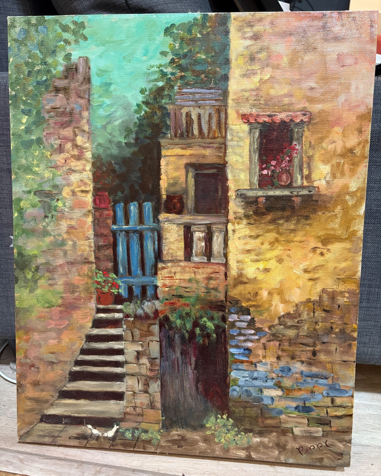 VNTG Original Oil Canvas Painting Signed 1979 Unframed Stone Brick House 16×20″